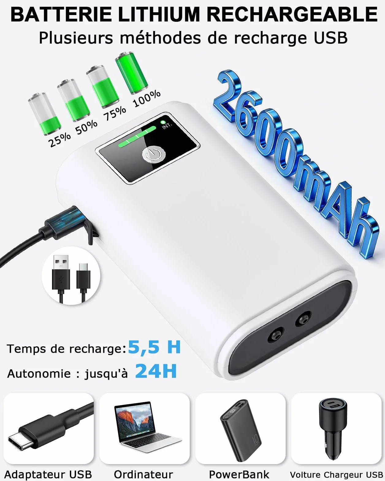 Pompe à air portable rechargeable USB pour aquarium, 2600 mAh, silencieuse, deux sorties