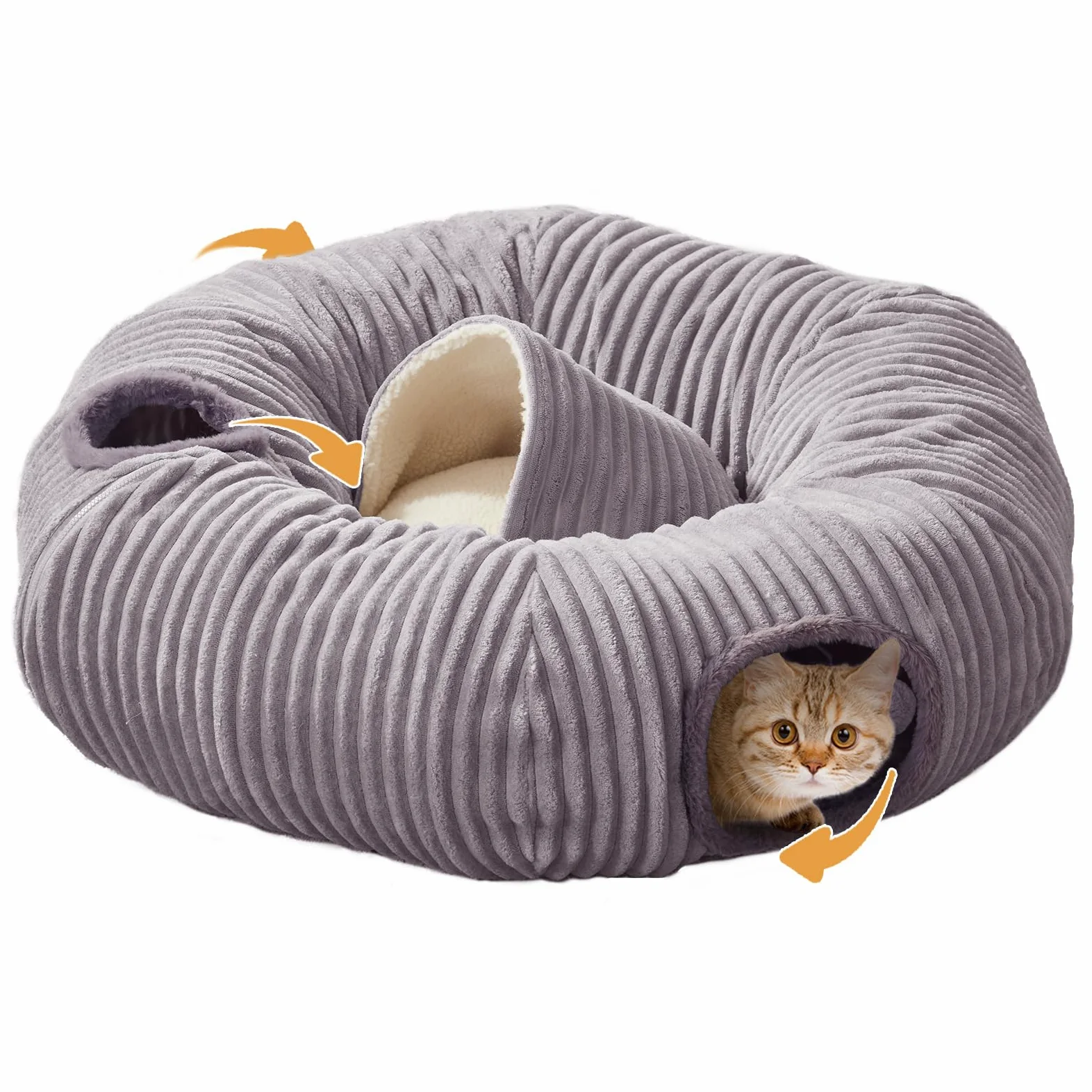 Grand lit tunnel pour chat d'intérieur, jouet tunnel en forme de donut avec coussin circulaire lavable, tente occultante, aire de jeux multifonctionnelle, cachette pour chaton, lapin, furet