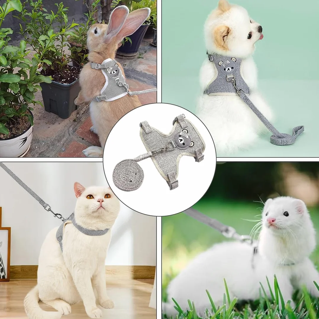 Harnais Lapin Nain, Laisse Réglable, Respirant Gris