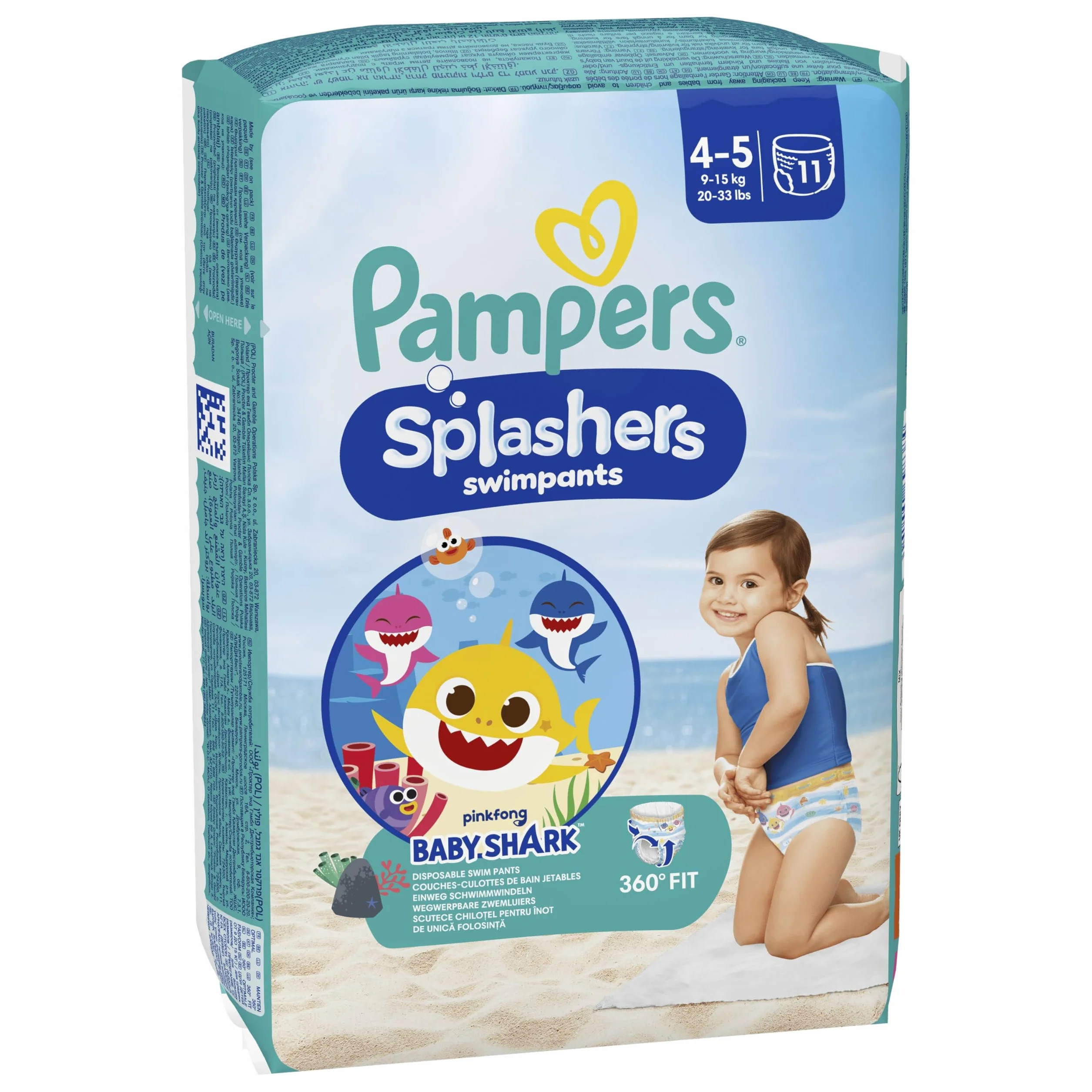 Pampers Splashers Taille 4-5 11 Couches-Culottes de Bain Jetables 9-15kg Baby Shark Édition Limitée