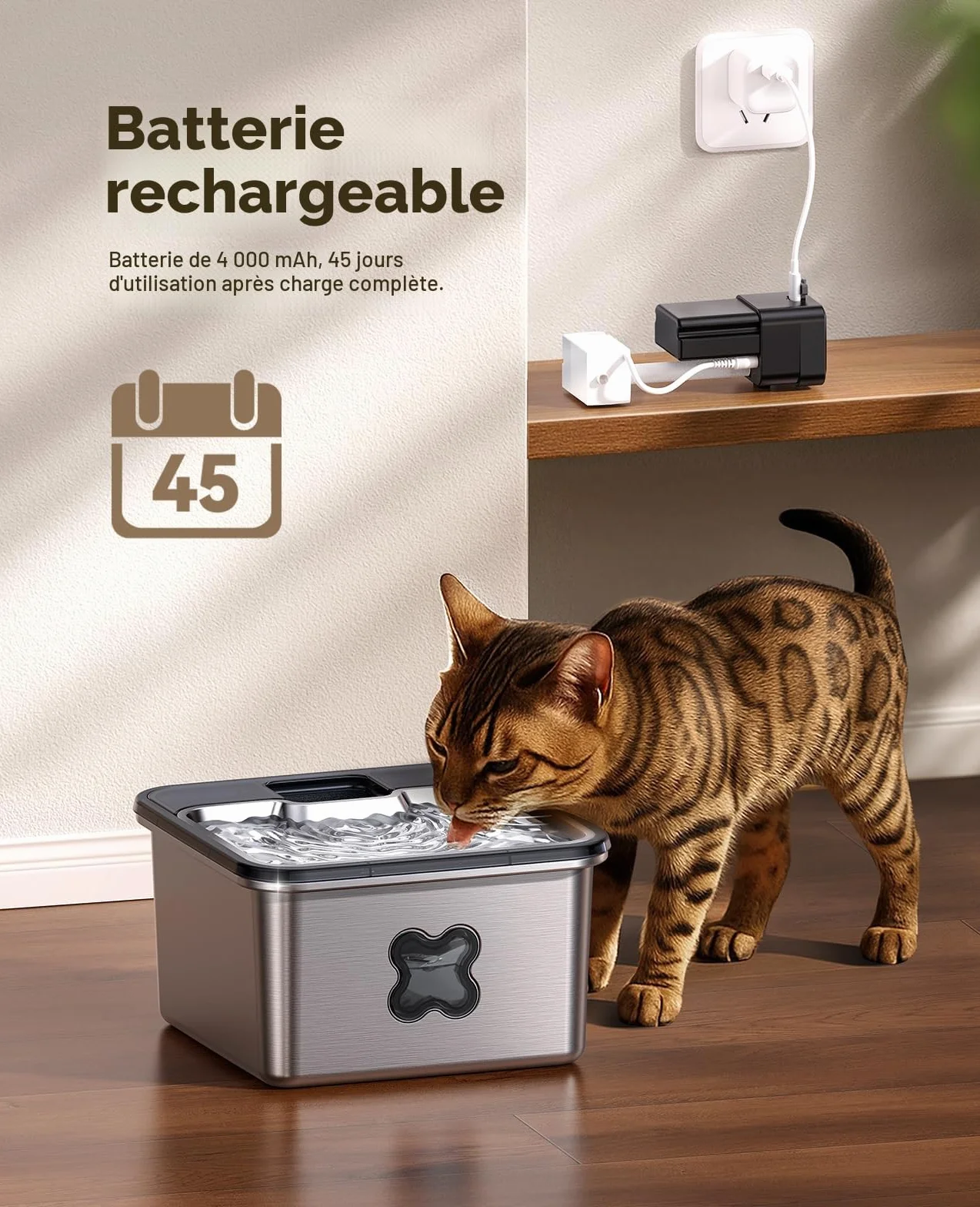 FEELNEEDY Fontaine à Eau pour Chat sans Fil 3.2L INOX avec Détecteur de Mouvement, Batterie 4000mAh