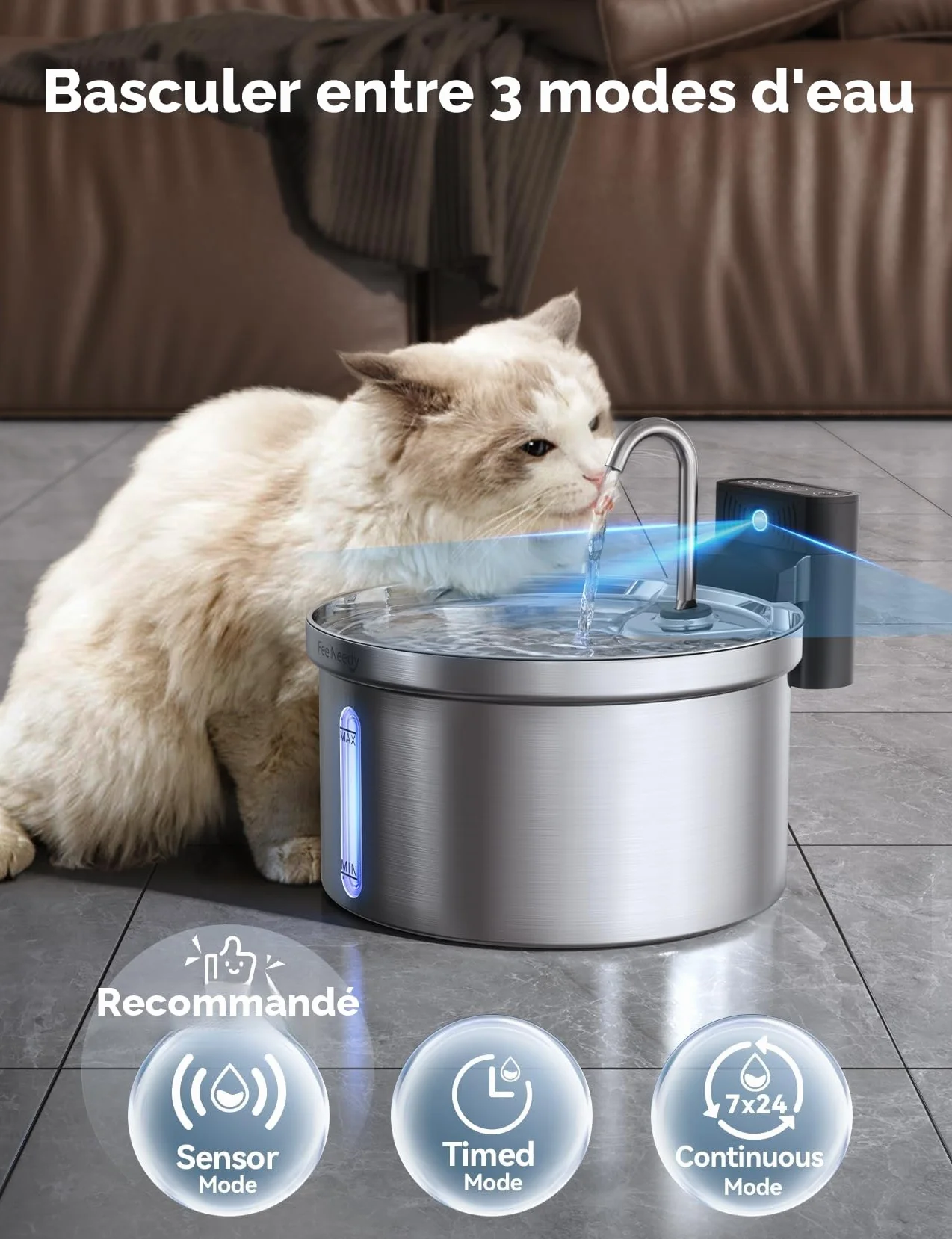 FEELNEEDY Fontaine à Eau Chat sans Fil Acier Inoxydable avec Batterie Rechargeable 4000mAh 3,5L 6 Filtres