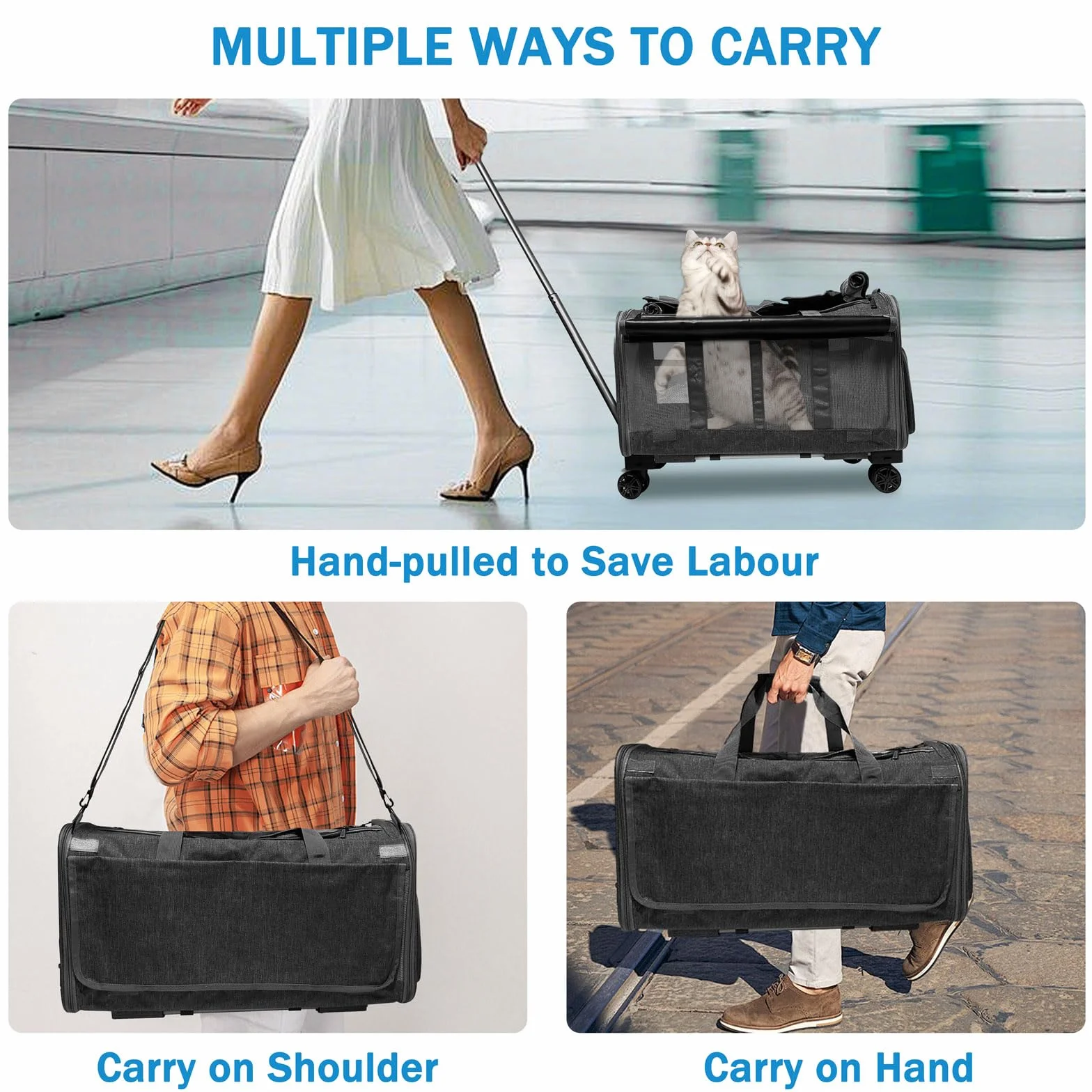 Sac de Transport pour 2 Chats/Chiens, 2 Compartiments, 4 Roulettes, Poignée Télescopique, Pliable, Noir