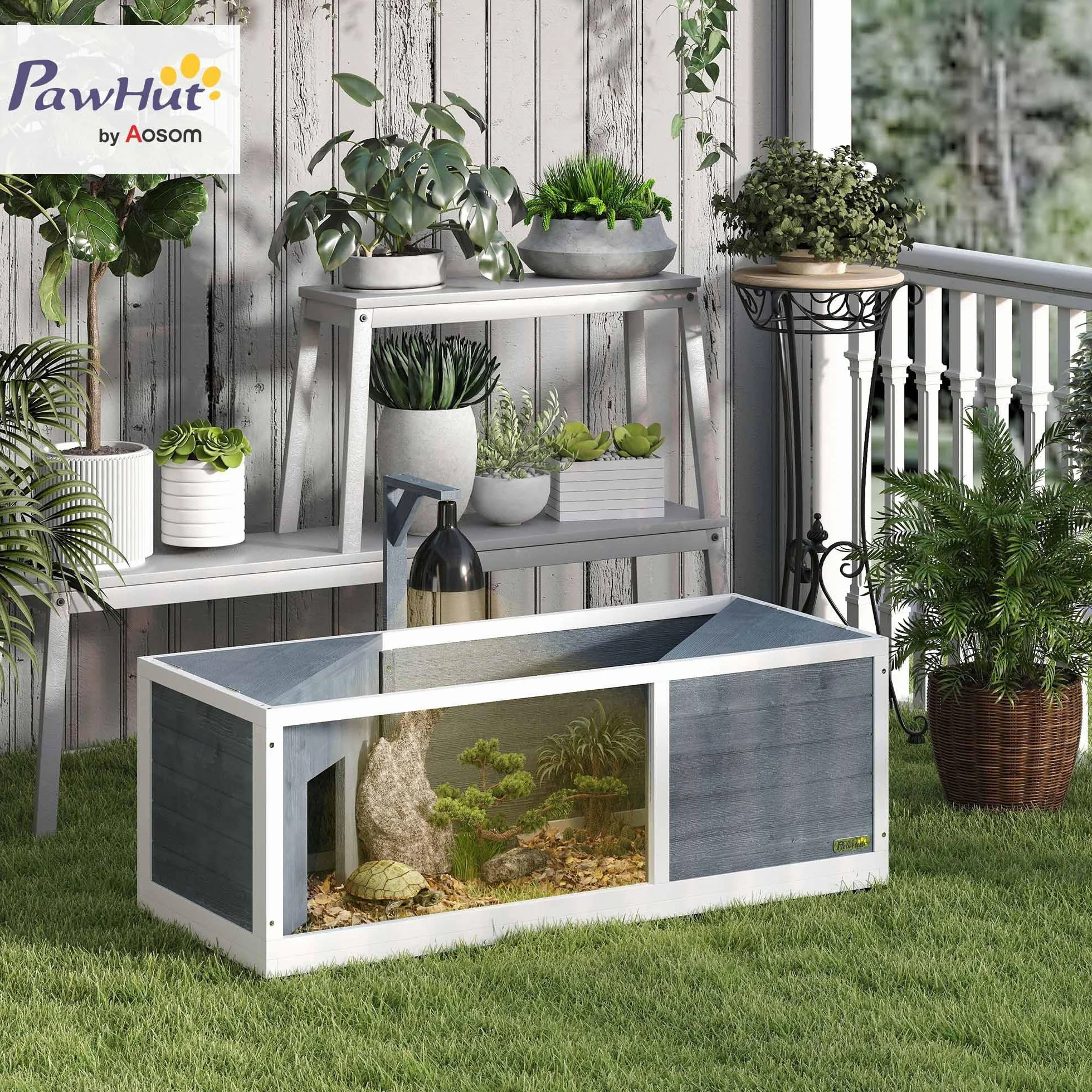 PawHut Maison pour Tortues XL 120 cm Terrarium Tortue terrestre en Bois 2 niches Toit ouvrant Aire de Jeu Ouverte enclos Support Lampe fenêtre panoramique Gris
