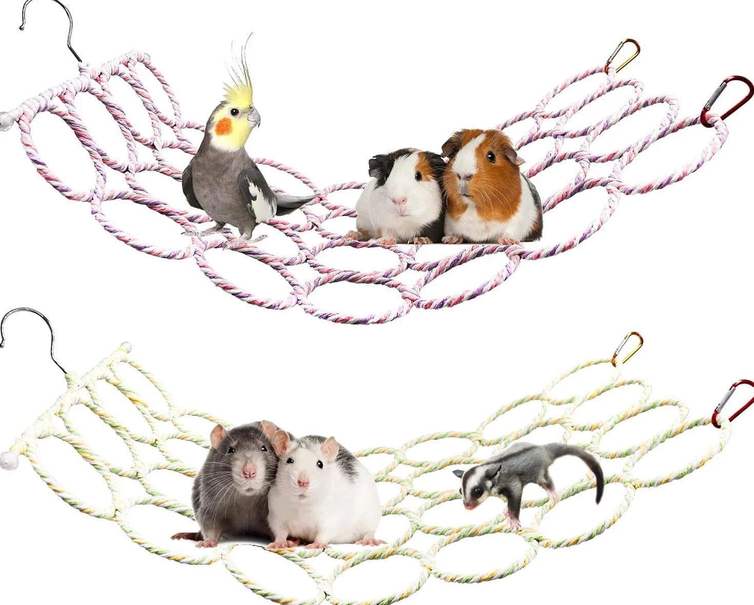 Lot de 2 Jouets Suspendus pour Petits Animaux – Filet à Corde, Échelle, Pont d’Escalade pour Rats, Oiseaux, Perruches, Perroquets, Hamsters