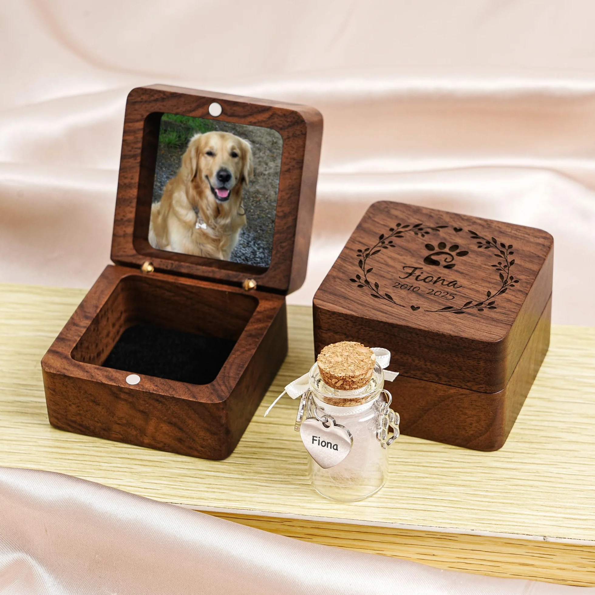 Boîte à souvenirs personnalisée en bois pour poils d'animaux chien chat - Cadeau compassion perte animal