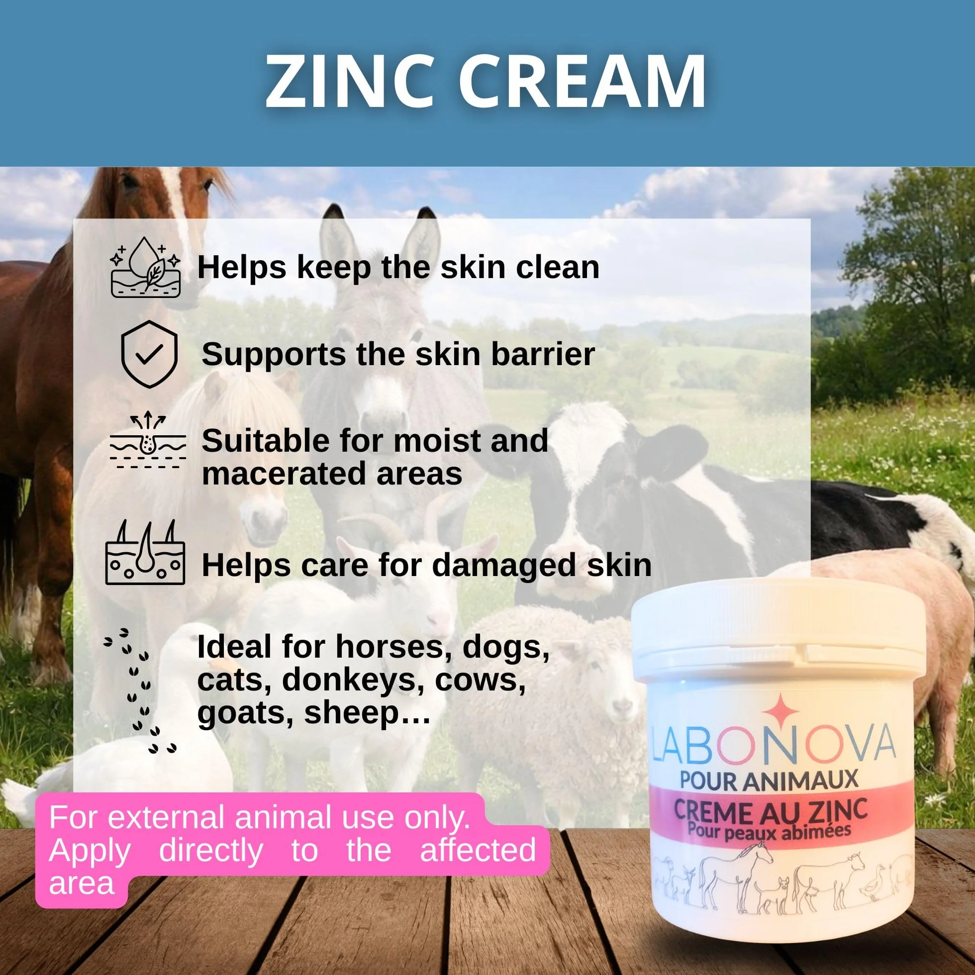 Crème au Zinc pour Animaux 200 mL - Peaux abimées - Protection de la peau - Chevaux, ânes, chiens, chèvres, moutons