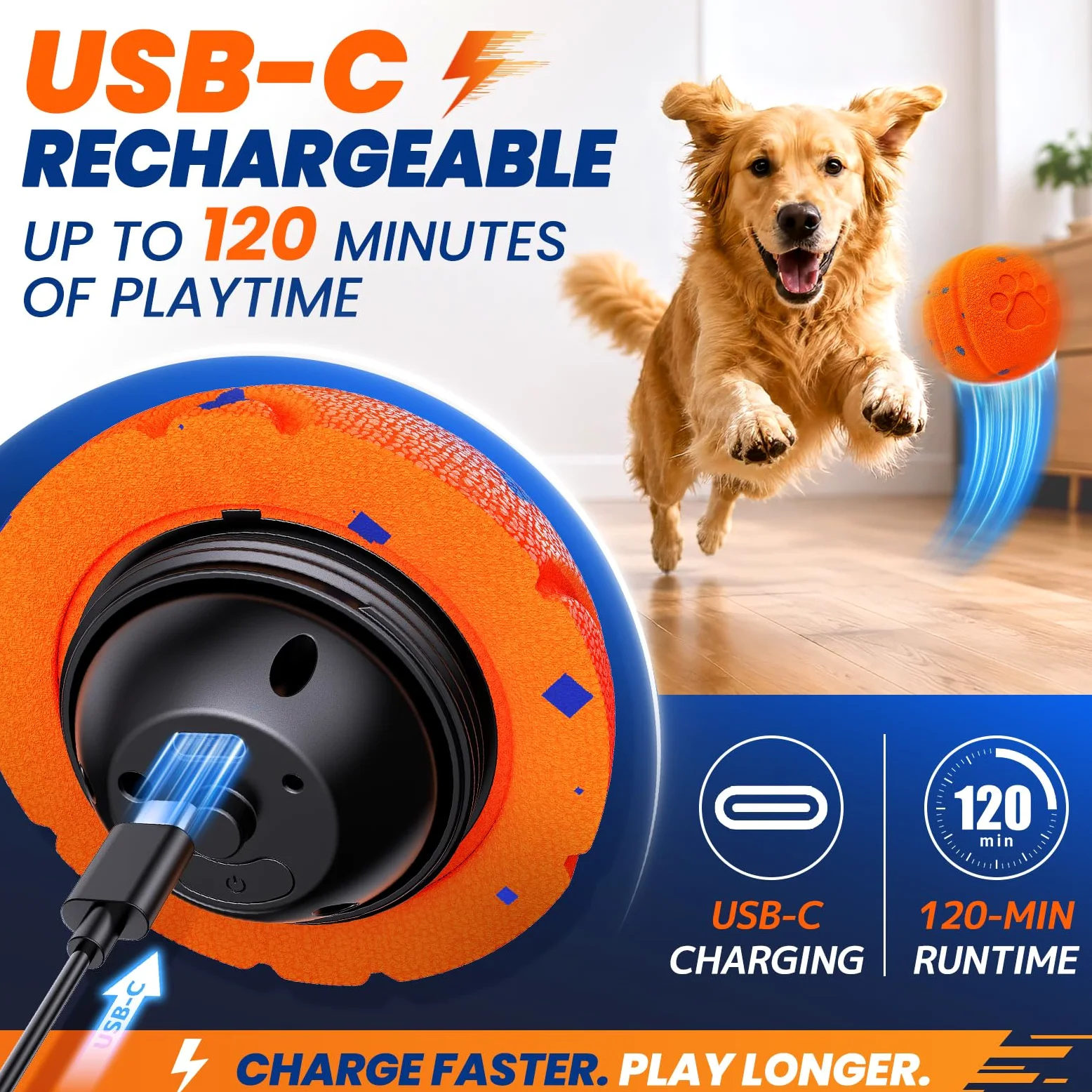 Jouet interactif intelligent pour chien pour les garder occupés, mouvement automatique, matériau E-TPU, 3 modes interactifs, étanchéité IPX7, rechargeable par USB, balle de roulement active pour chiot