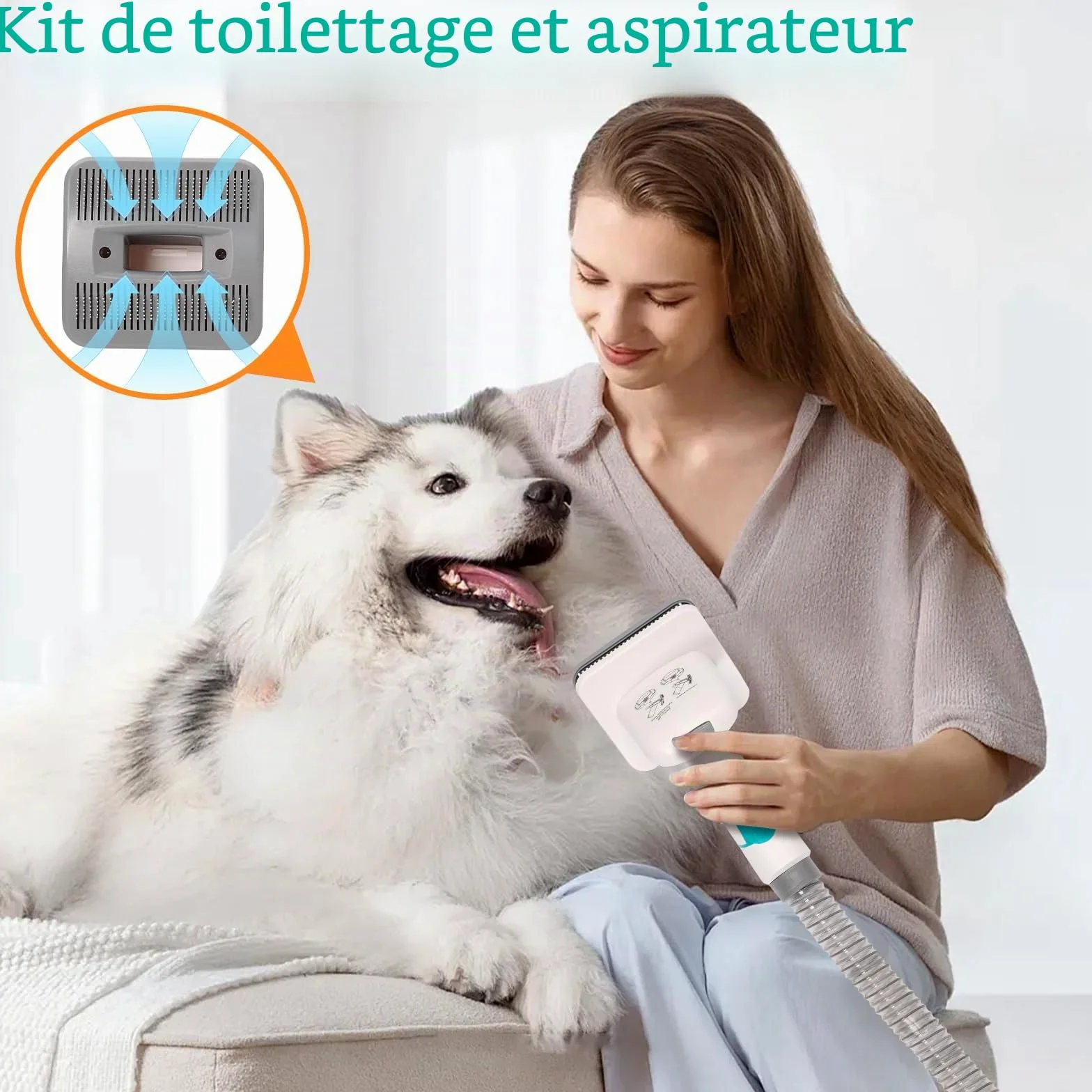 Tondeuse pour chien avec aspirateur, 13000 PA avec 7 outils d'entretien, tondeuse à pattes, brosse, peigne, 3 niveaux d'aspiration réglables