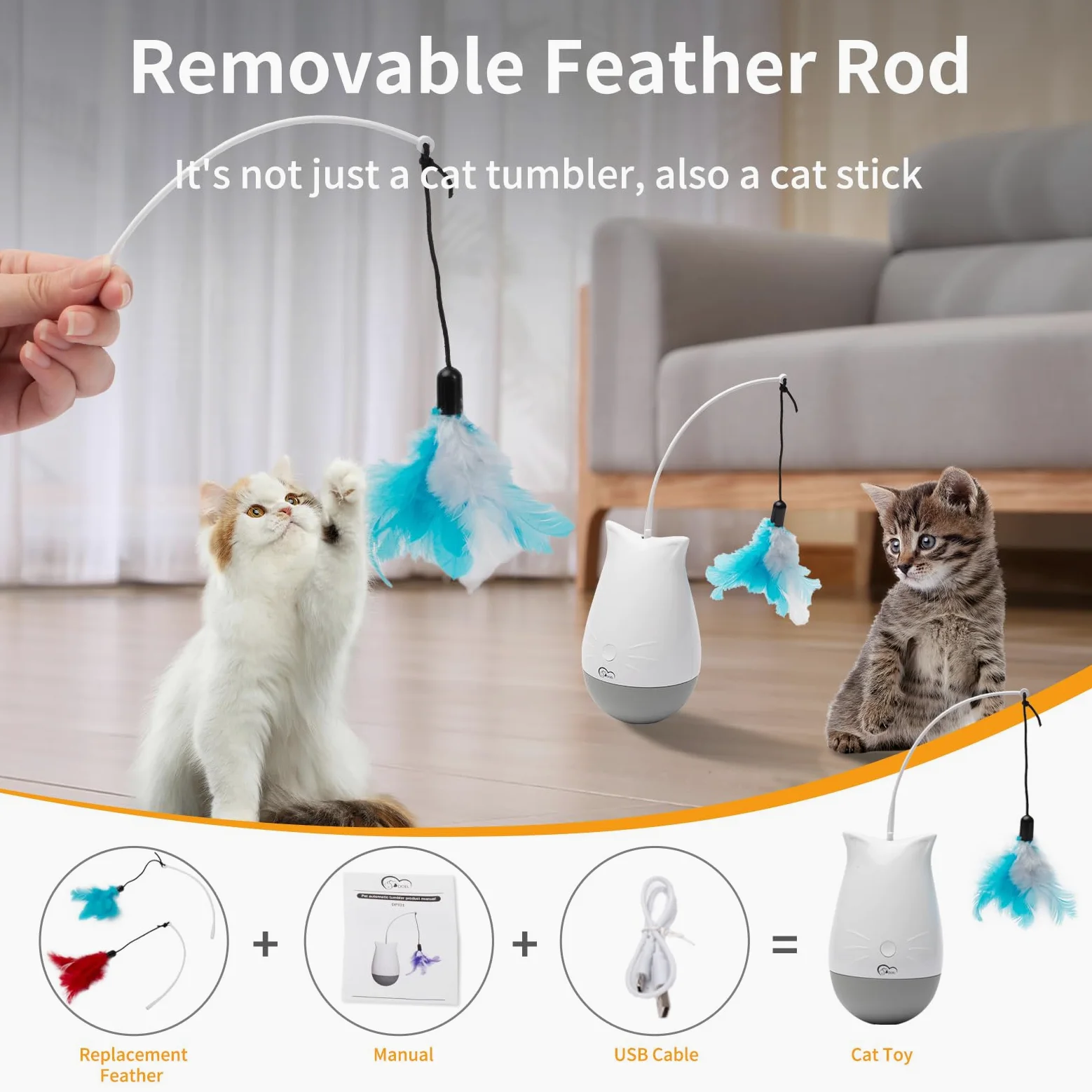 DOEL Jouets interactifs pour chats d'intérieur ennuyés avec 2 modèles, rechargeable automatique en plumes, design gobelet, cadeau d'exercice électrique, stimulation mobile pour chasser et chasser