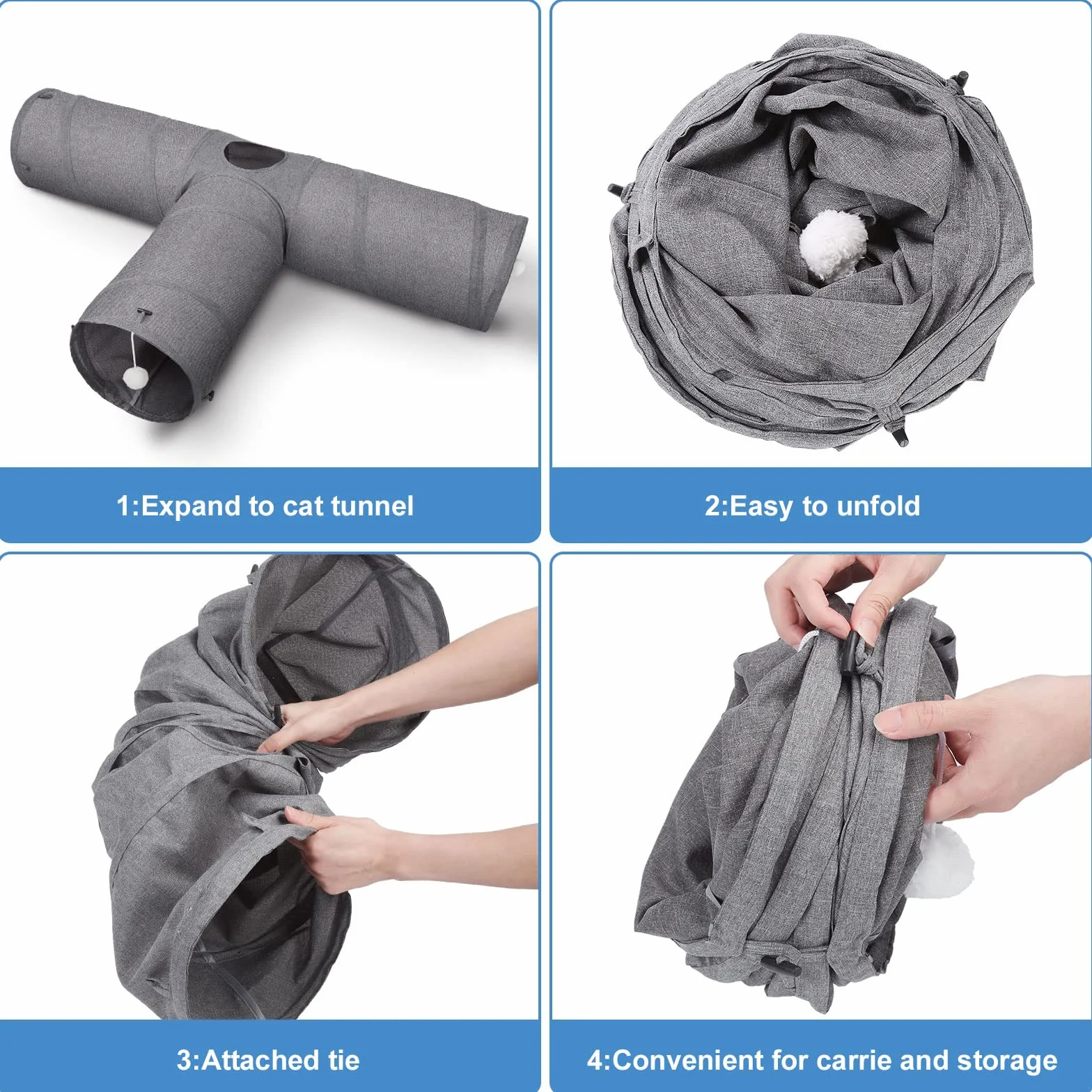 Ownpets Grand tunnel en forme de U pour chat avec 3 voies en tissu Oxford robuste, pliable et résistant aux déchirures, avec plusieurs sorties, boule suspendue et baguette taquineur, diamètre 30 cm