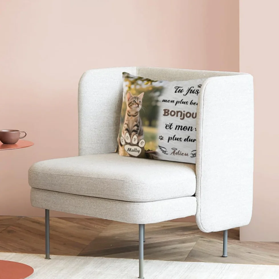 Coussin Chat Personnalisé Photo et Nom Impression Recto Verso Souvenir Commémoratif Cadeau Réconfortant Perte Animal
