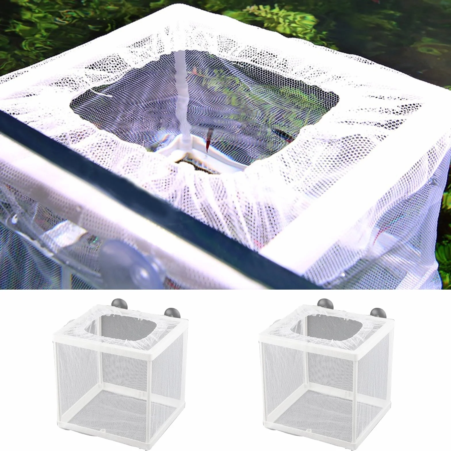 Pondoir Aquarium Filet d'Élevage de Poisson Couveuse, 2 Pièces, avec 4 Ventouses, 14,5 x 15,5 x 16cm