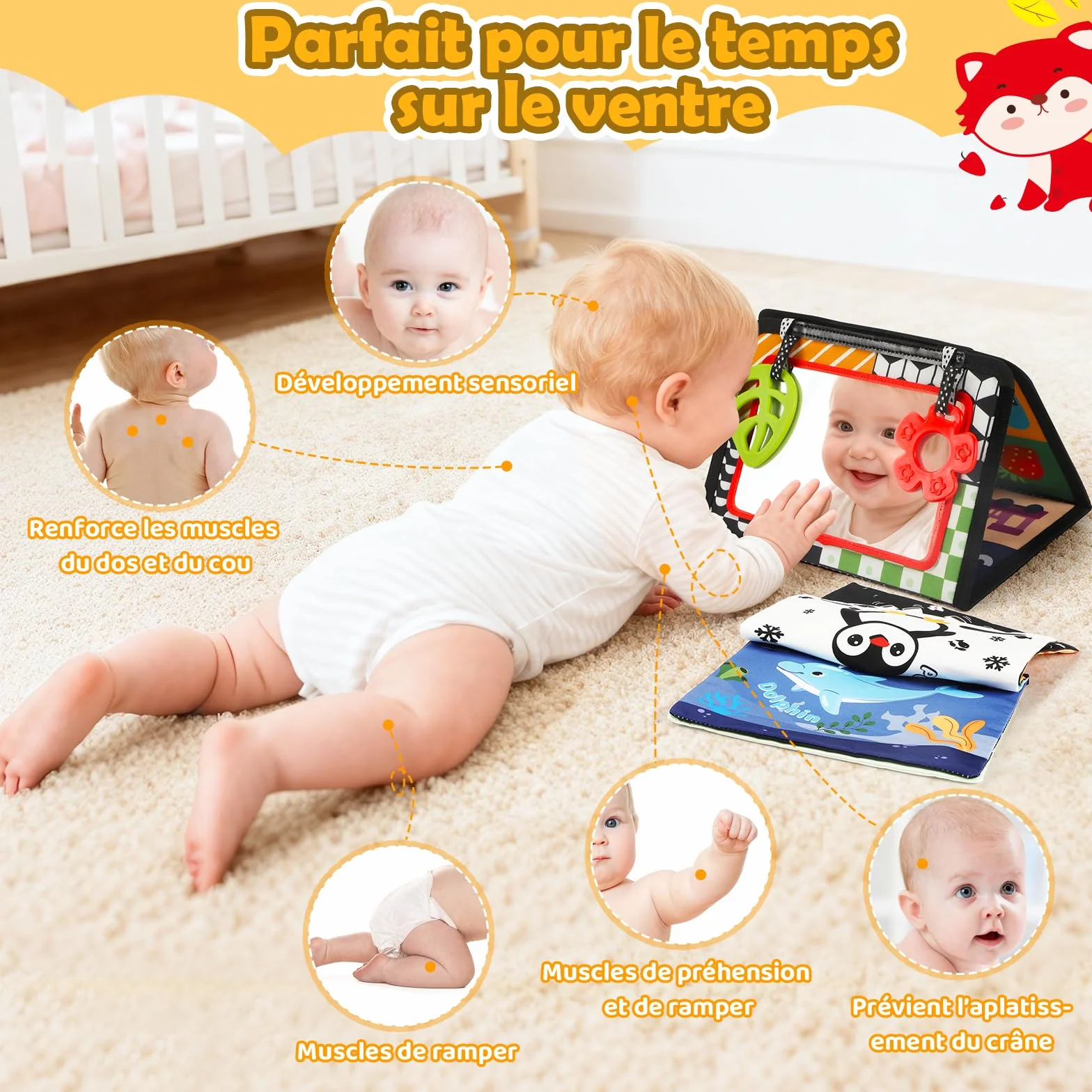 BBWOO Jouet Bébé 0-12 Mois, Grand Livre Pliable Montessori avec Miroir et Jouet Dentition Sensoriel, Images Noir et Blanc Haute Contraste