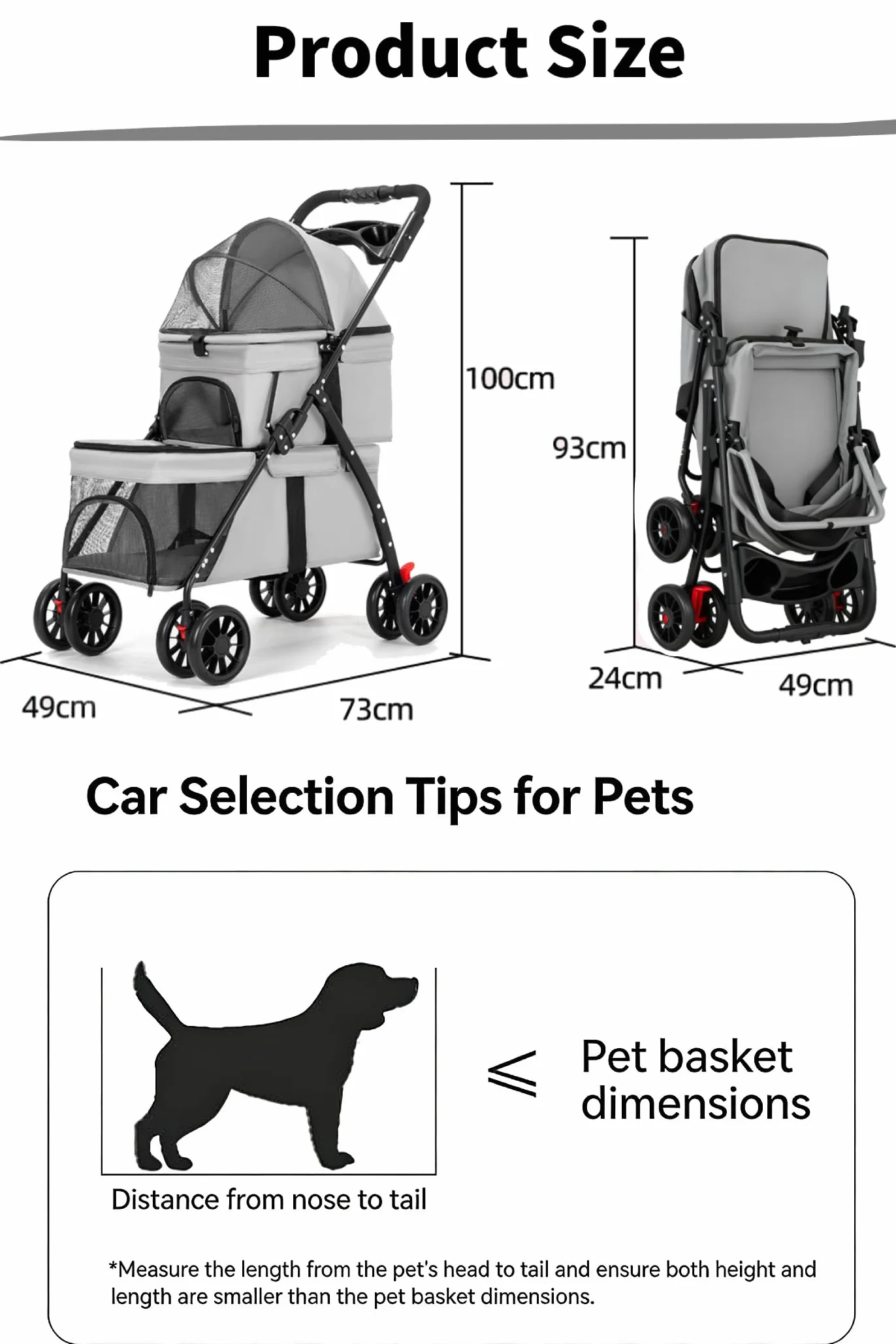 Poussette double pliable pour chats et chiens 2 chariots 4 roues avec sac de rangement et porte-gobelet Gris