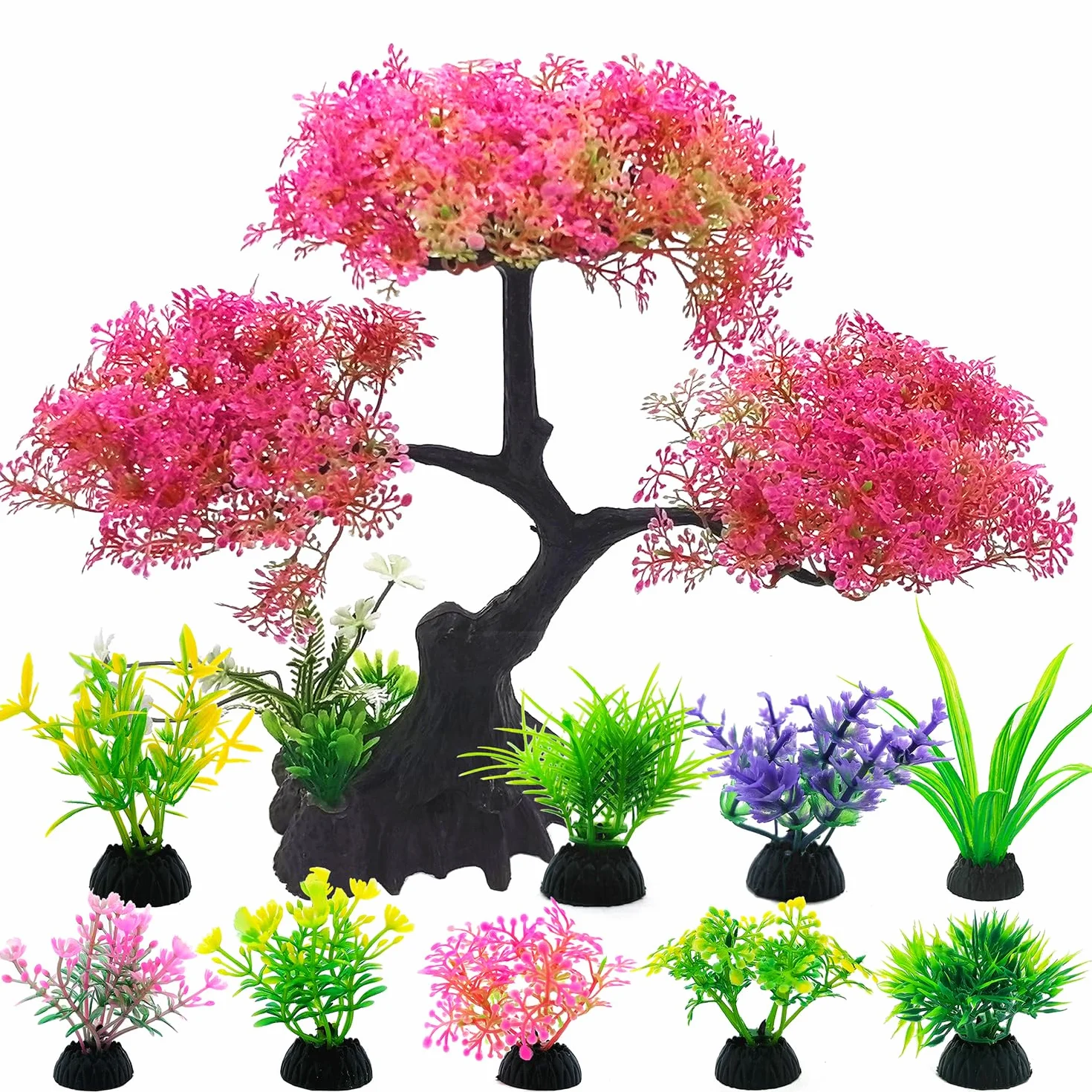 SLOCME Ensemble de décoration pour aquarium cerisier rose 10 pièces plantes artificielles plastique