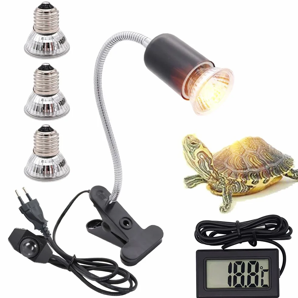 Lotvic Lampe Chauffante Tortue Reptiles 3 Ampoules UVA UVB Thermomètre EVA Clamp Pivotant