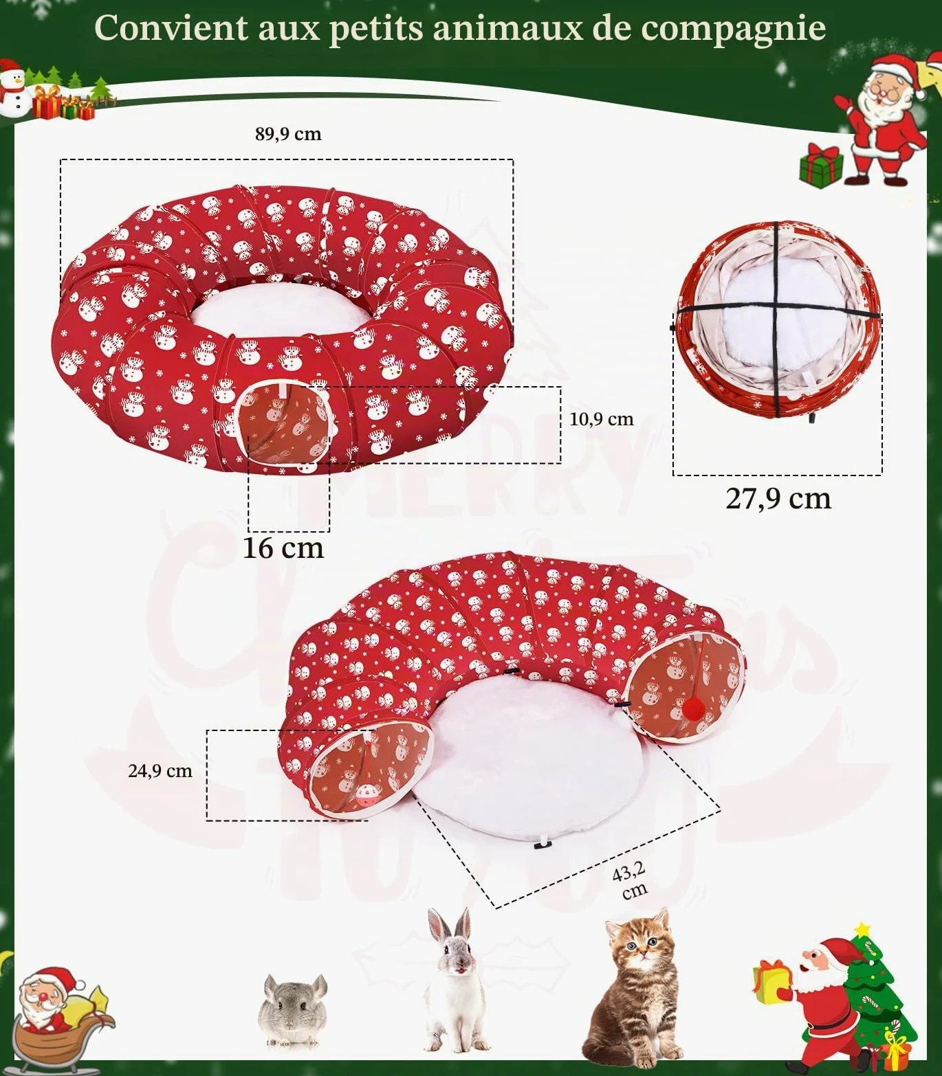 Pawaboo Lit Tunnel Noël Chat 35,4", Bonhomme Neige | Tunnel avec tapis, balles en peluche et grelots pour jouer, se cacher et se reposer.