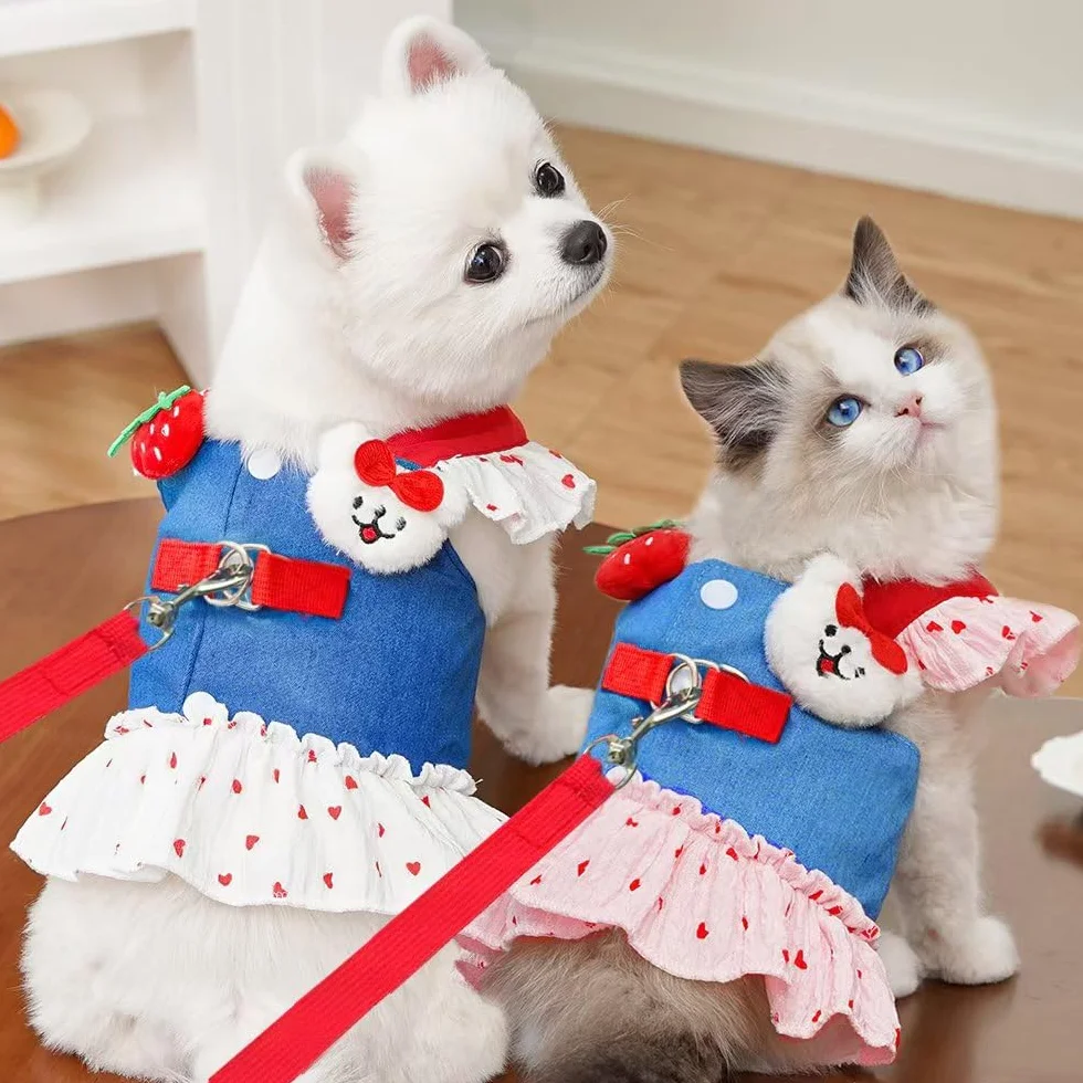 Robe élégante en denim pour chien avec harnais et laisse réglables - Tenue respirante printemps/été
