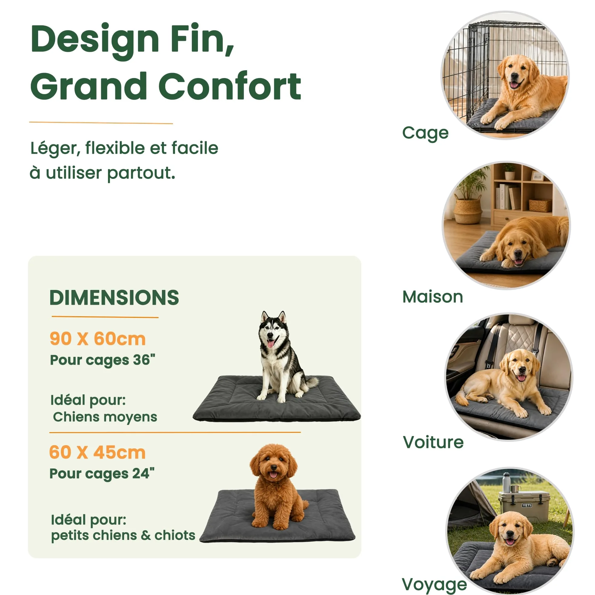 RovePad Cozy Tapis pour cage pour chien - 6 cm d'épaisseur - En velours - Dessous antidérapant en PVC - Lavable - Gris - Taille M