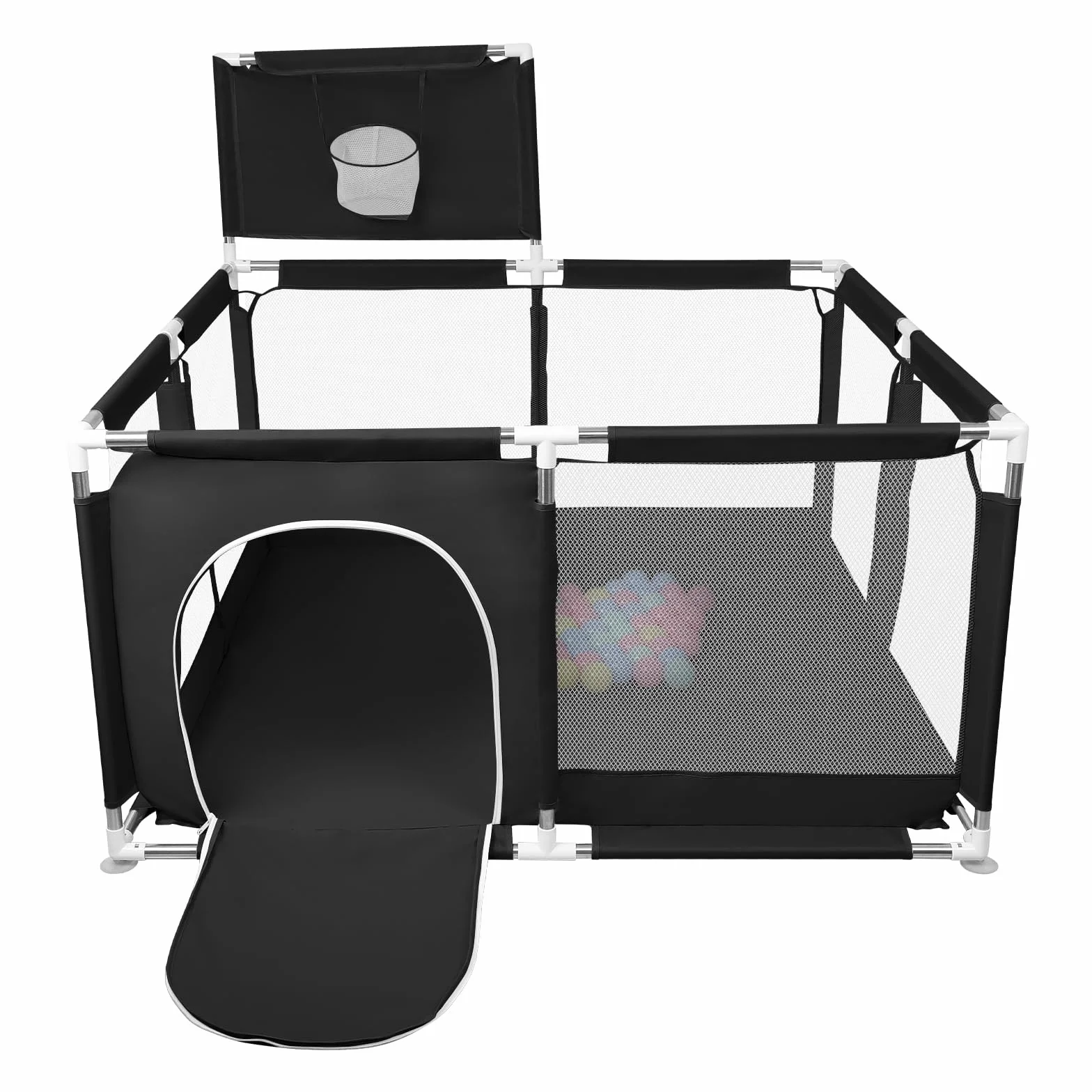 Parc à Chiots avec Porte, Clôture Solide en Tissu épais et Filet Nylon, 126x126x66cm, Noir
