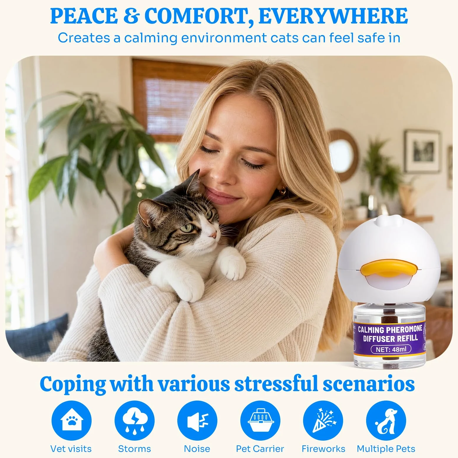 Diffuseur apaisant pour chat d'intérieur : soutien apaisant inspiré des phéromones aide à promouvoir un comportement détendu et un confort émotionnel – Diffuseur à brancher sans médicament pour un