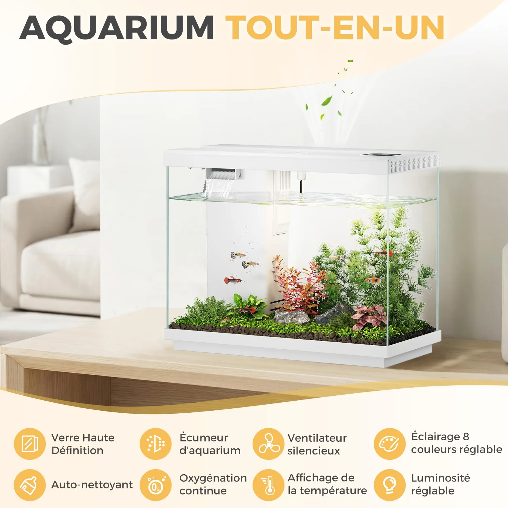 Petit Aquarium 8,3 L pour Combattant avec Filtre 4 en 1 et Pompe silencieuse, éclairage LED 8 Couleurs réglable