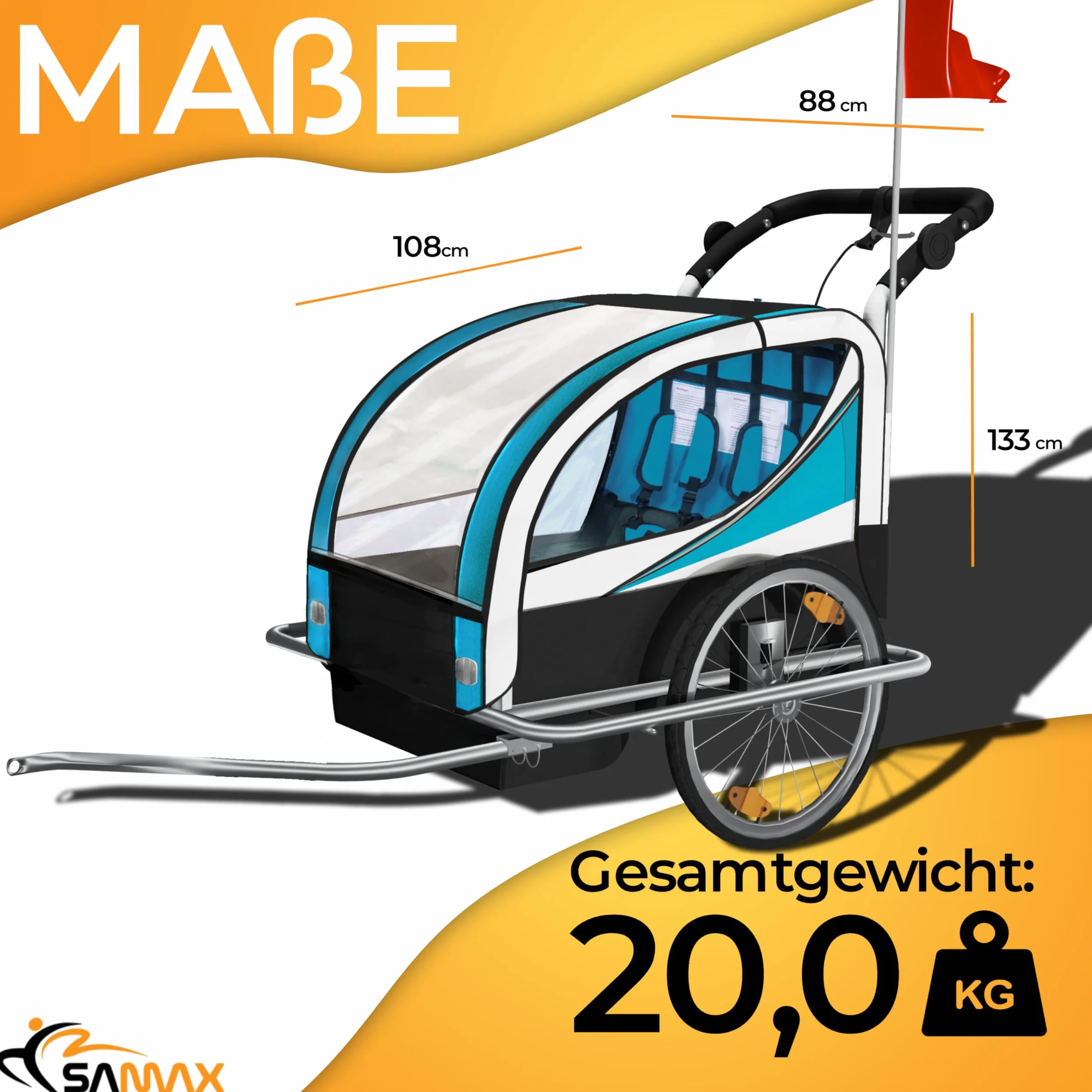 SAMAX Remorque Vélo Convertible Jogger 2en1 360° Rotatif pour 2 Enfants