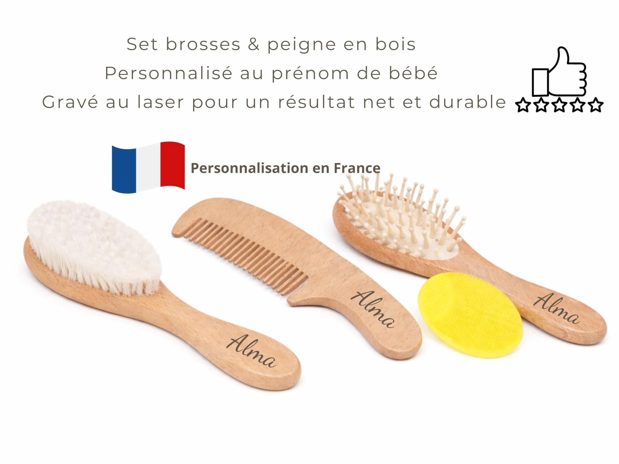 Brosses & Peigne bébé personnalisés Prénom Gravé Trousse de toilette bébé Prénom Brodé Ensemble 5 pièces