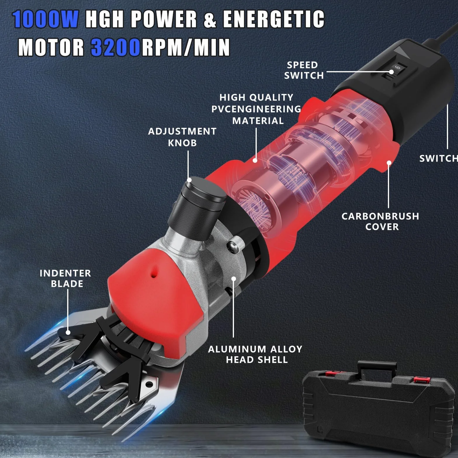 Tondeuse Electrique Mouton 1000W 6 Vitesses Réglables Machine Cisaillement Professionnelle Animaux Laine Chèvre Étui Transport Rouge