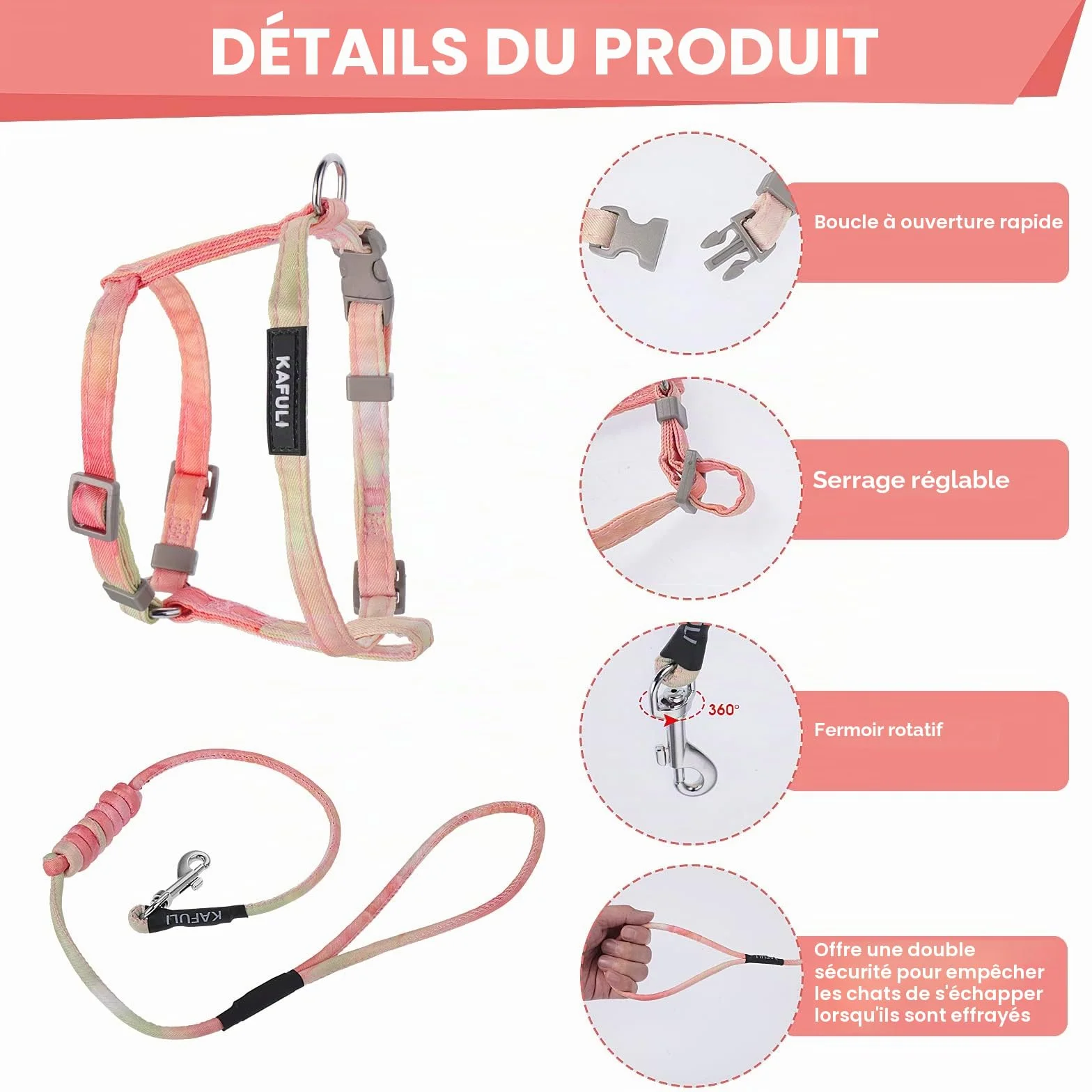 TIESOME Ensemble Harnais et Laisse pour Chat Anti-Fuite Réglable Orange