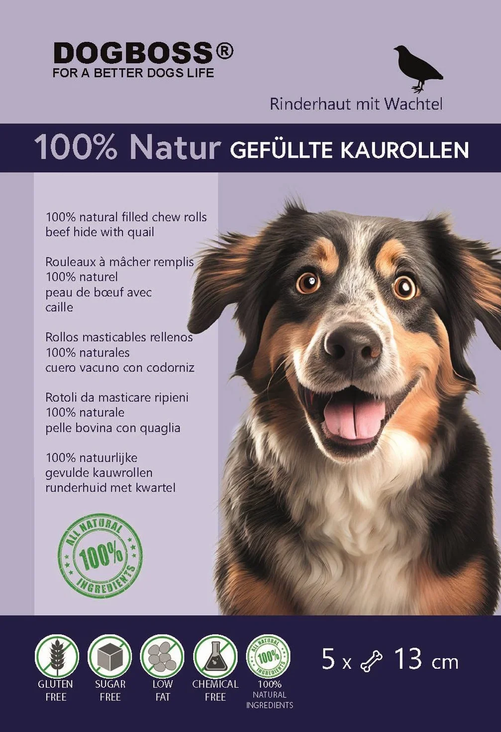 DOGBOSS Rouleaux à mâcher 100 % naturels en différentes tailles et goûts (5 cailles de 13 cm)