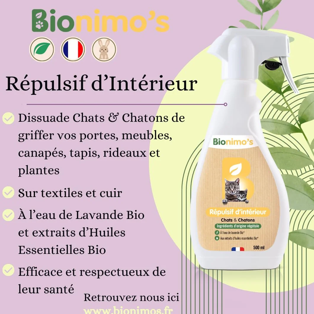 Spray Répulsif Intérieur Anti-Griffes Chats & Chatons, Naturel et Végétal, Eau de Lavande Bio, 100% Français