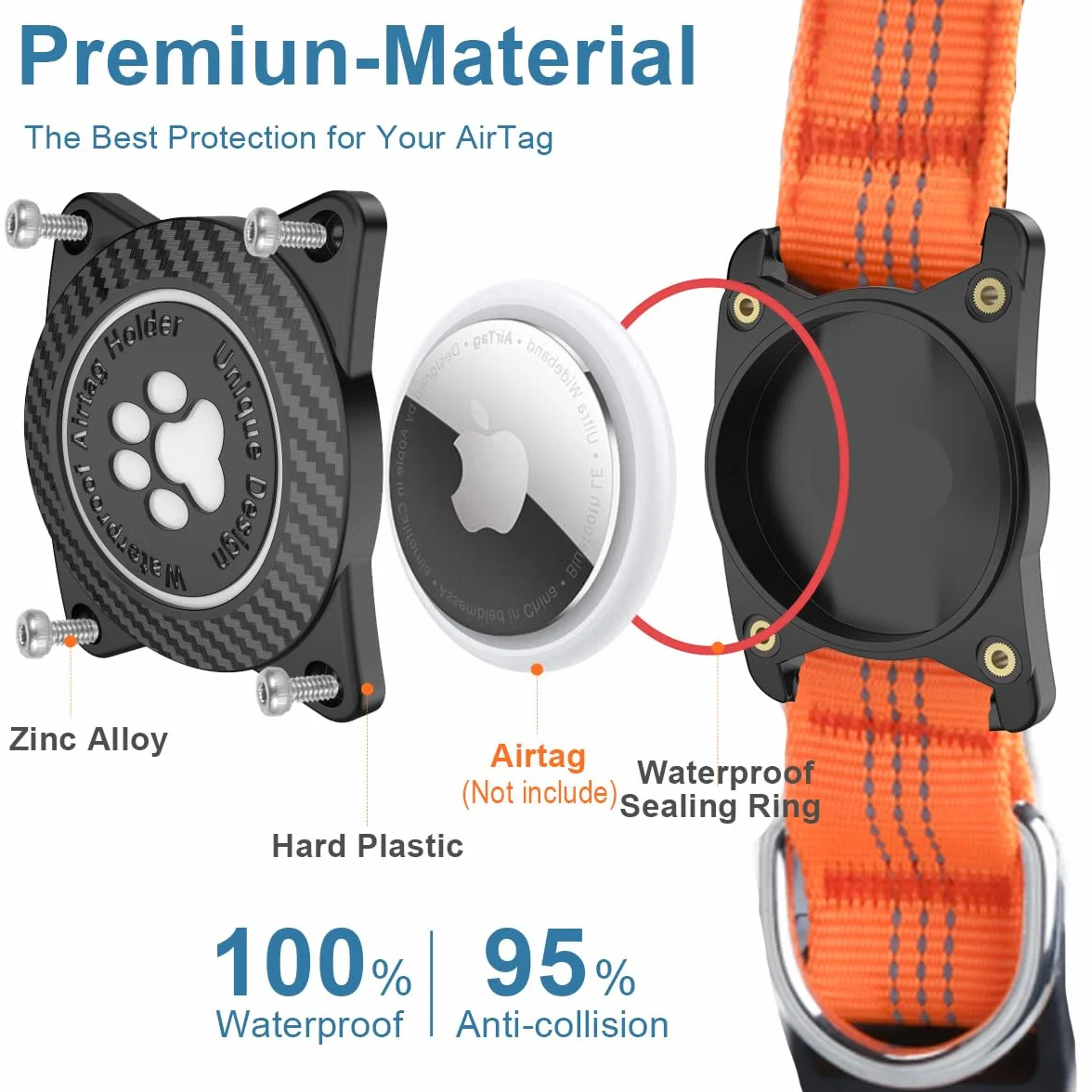 Collier Airtag pour Chien, Support Lumineux Étanche, Collier Réglable en Nylon Réfléchissant pour Apple Air Tag, Orange