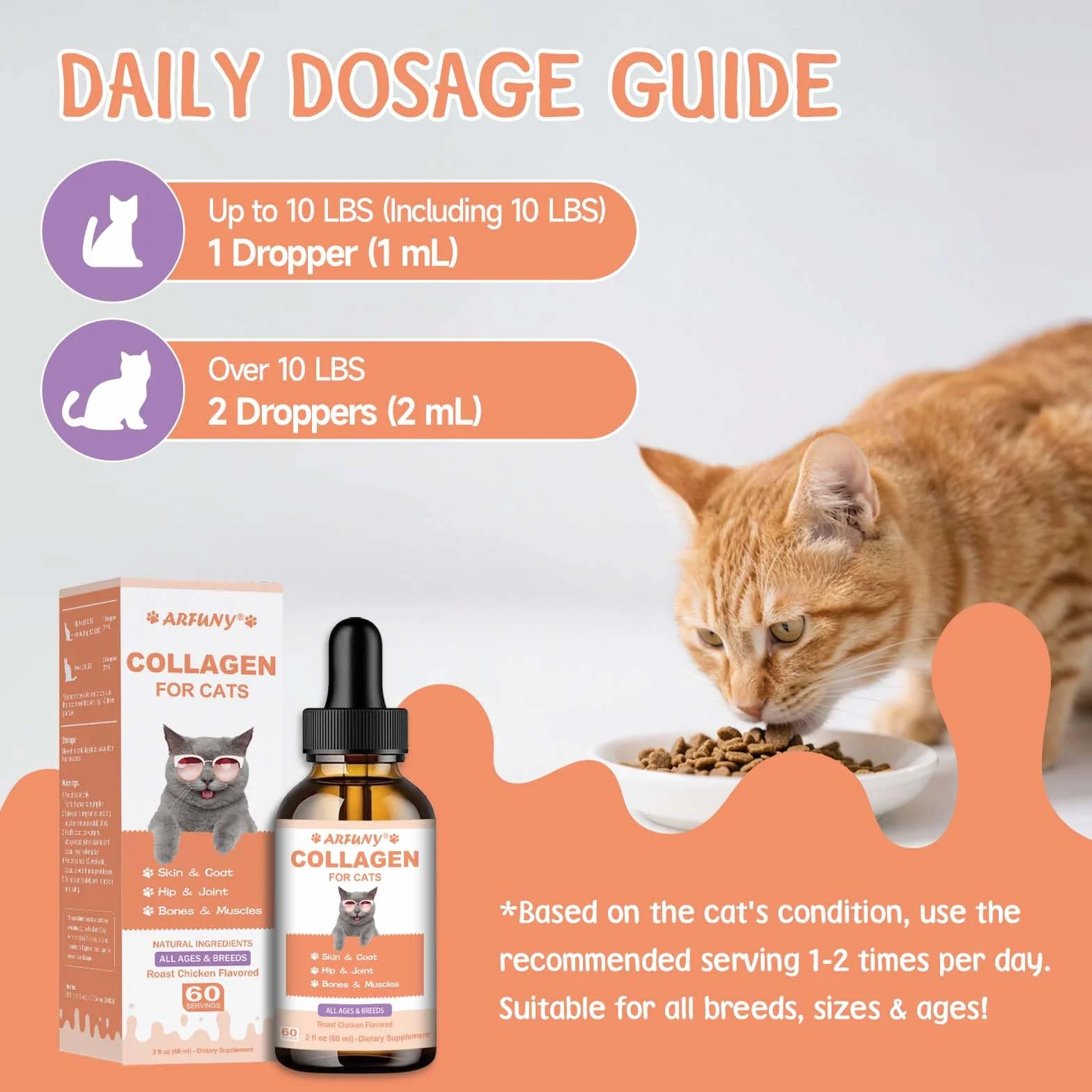 Collagène pour Chats - Gouttes Articulaires Peau Pelage Digestion Immunité MSM Acide Hyaluronique Taurine Saveur Poulet Rôti