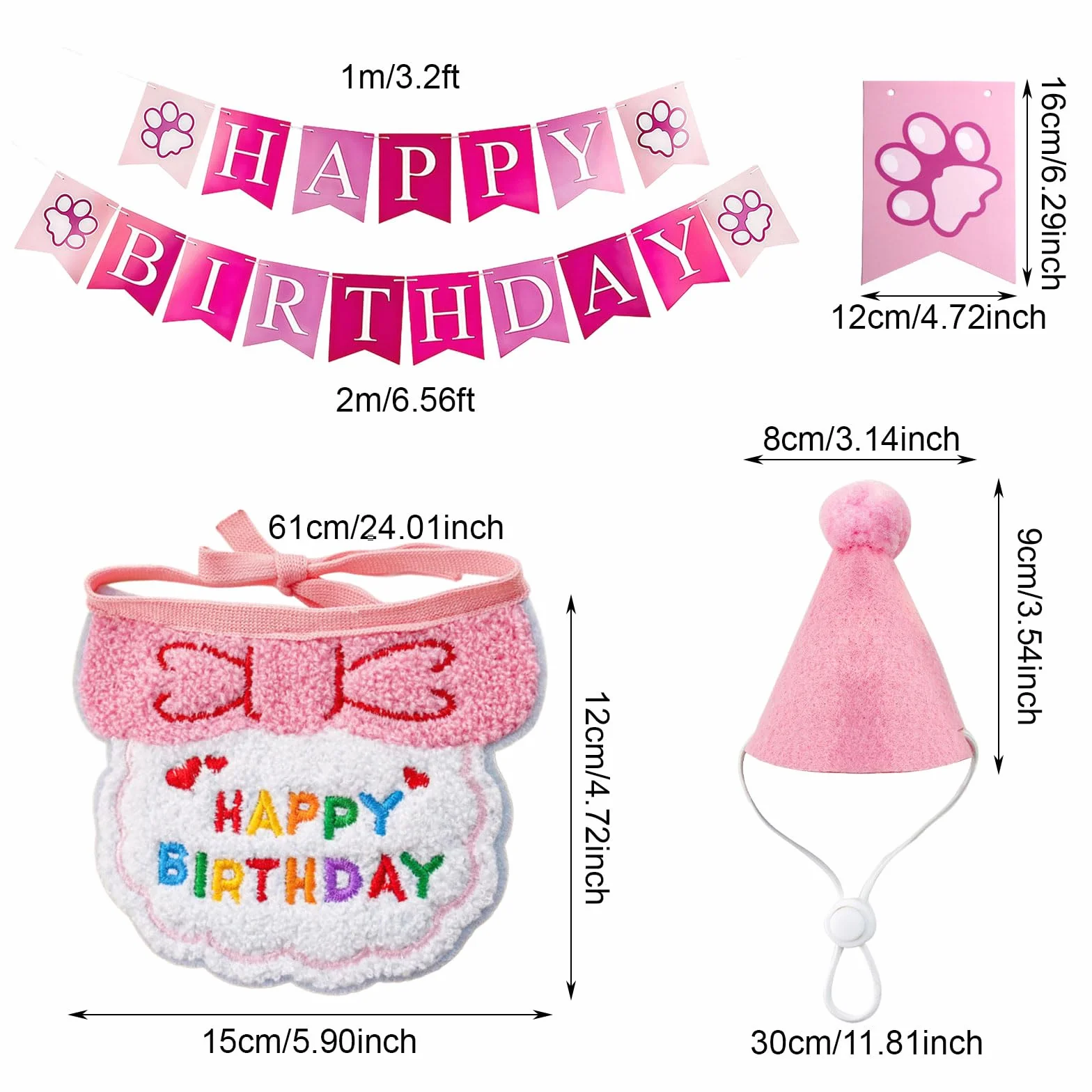 SSKHE 3PCS Chapeau Écharpe Bannière d'anniversaire pour Petit Chien Chat, Fournitures De Fête d'anniversaire pour Kitten, Décorations Kit De Décoration Brodées avec Nœud Papillon (Pink, One Size)