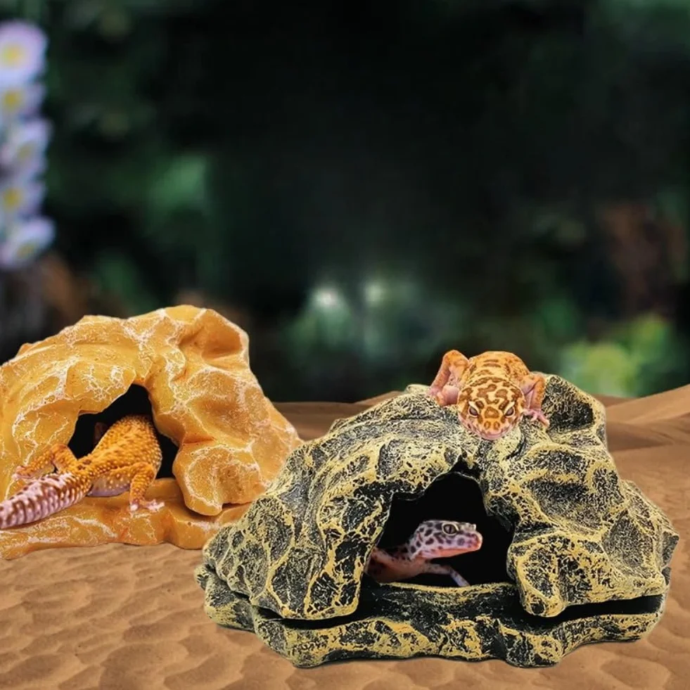 Cachette pour reptile en résine avec bac à nourriture - OMEM, abri pour gecko lézard serpent grenouille araignée (marron)