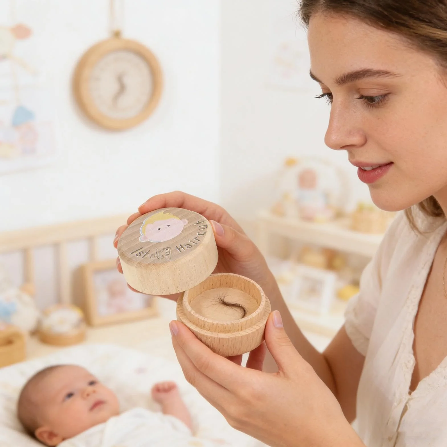 Souvenir Premiere Coupe Grand Boite Rangement Bois Coffret Bebe Chambre Maison Cadeau