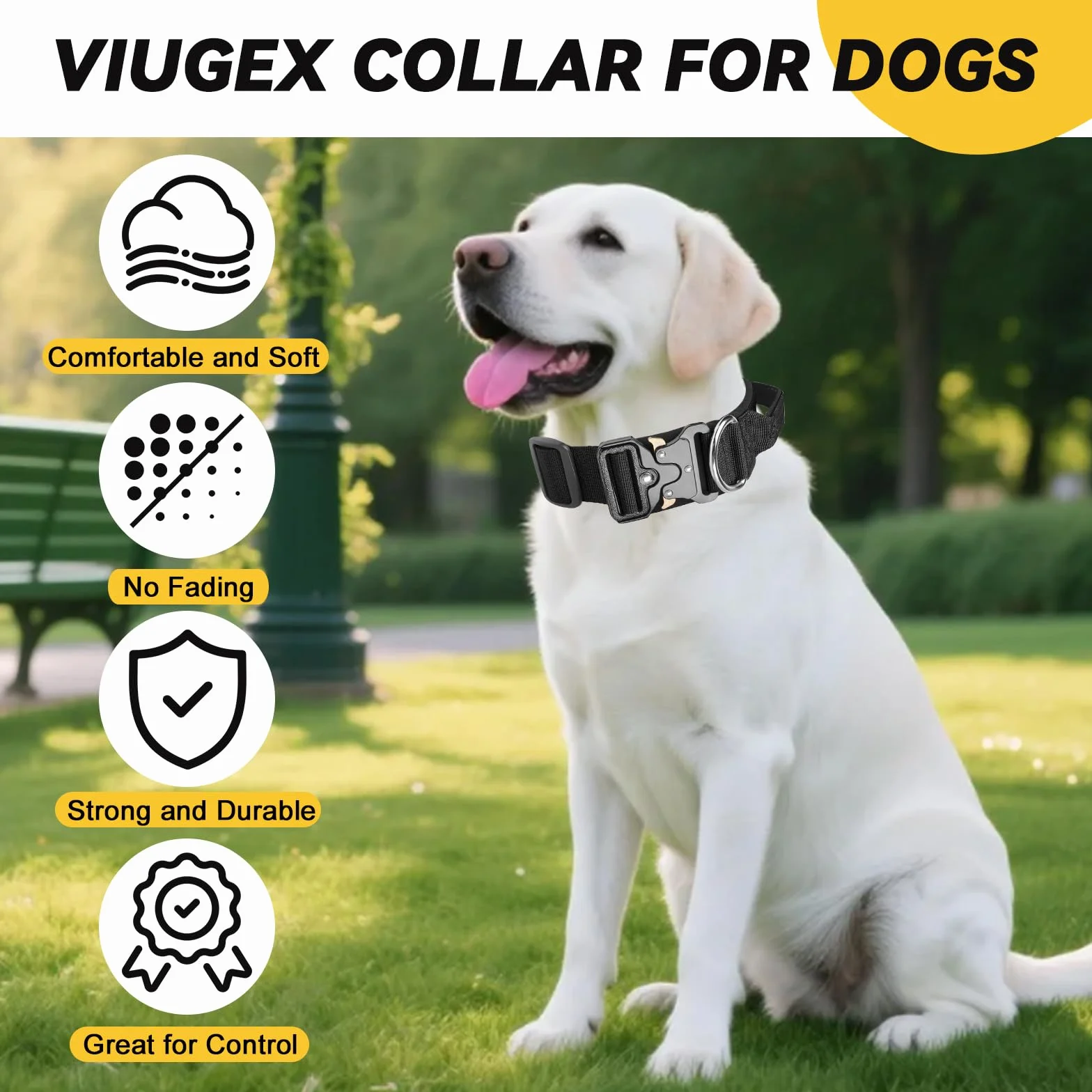 Collier Tactique pour Chien Durable Nylon Réglable avec Poignée Boucle Métal Noir XL