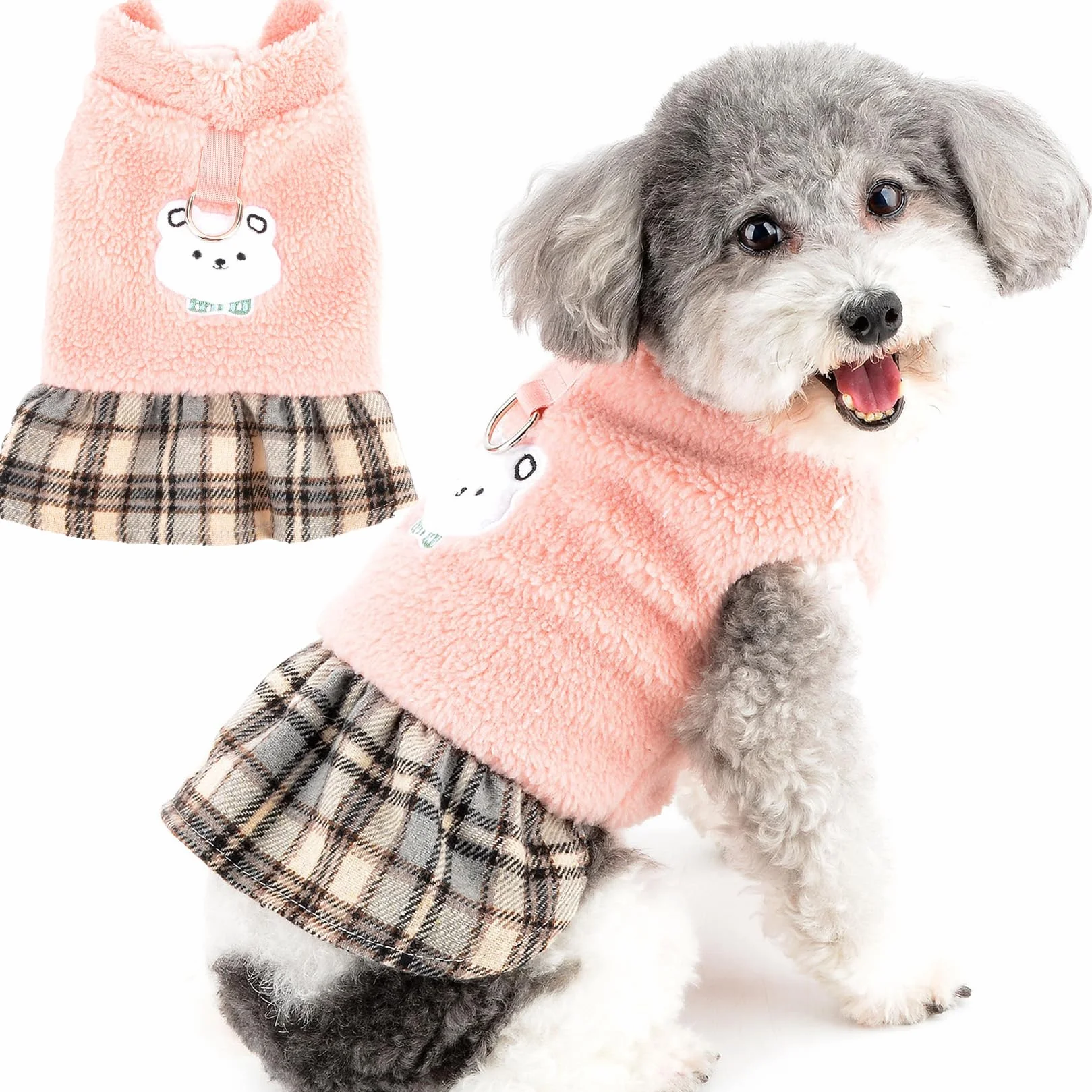 Zunea Robe d'hiver pour Chien Pull Polaire Chaude Manteau avec Anneau en D Motif Ours Rose S