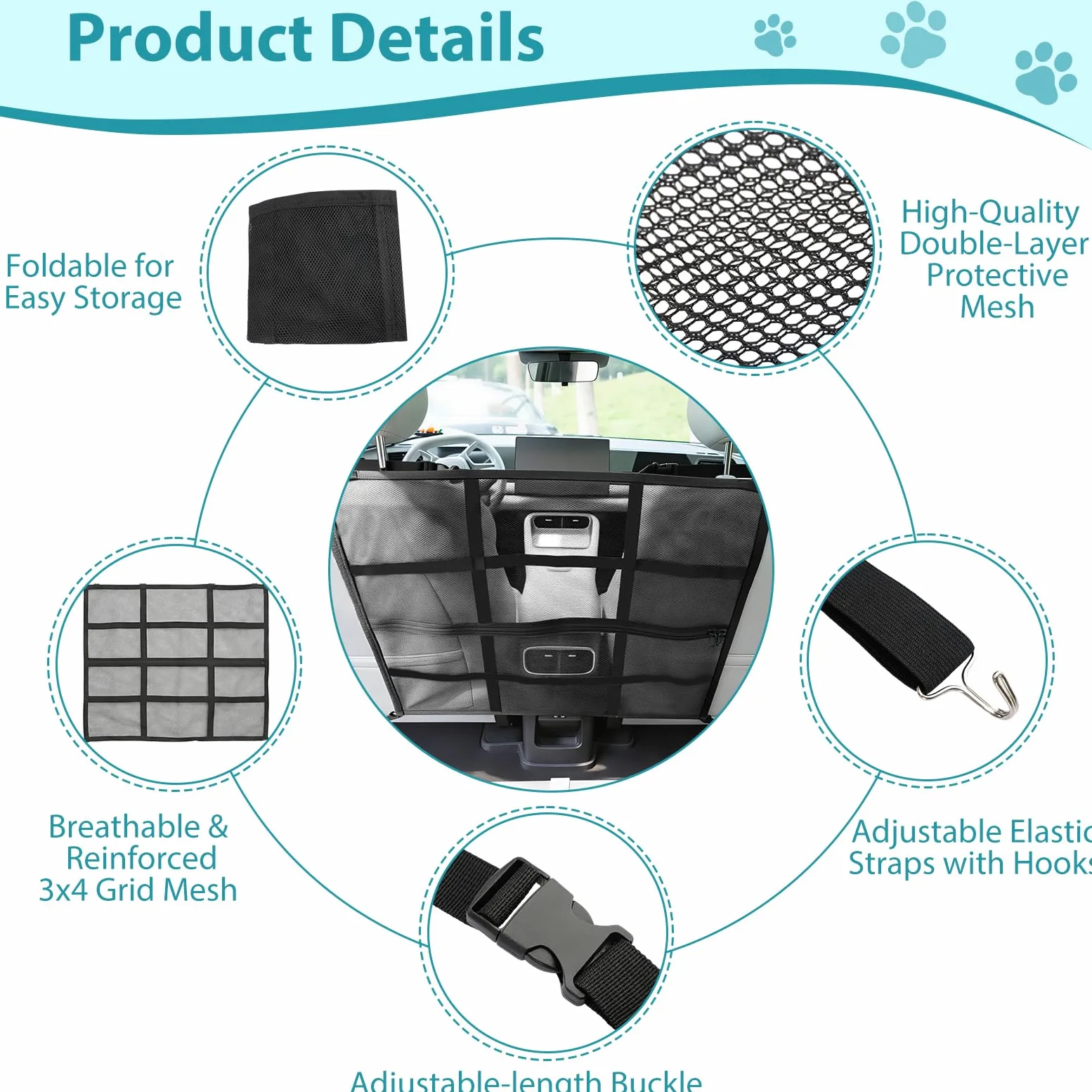 Barrière De Sécurité Pour Chien, Barrière Pour Animaux En Filet Double Épaisseur, Évite Que Le Chien Ne Saute Et Ne Distrait Le Conducteur, Facile À Installer Avec Sac De Rangement, 75 X 65 CM