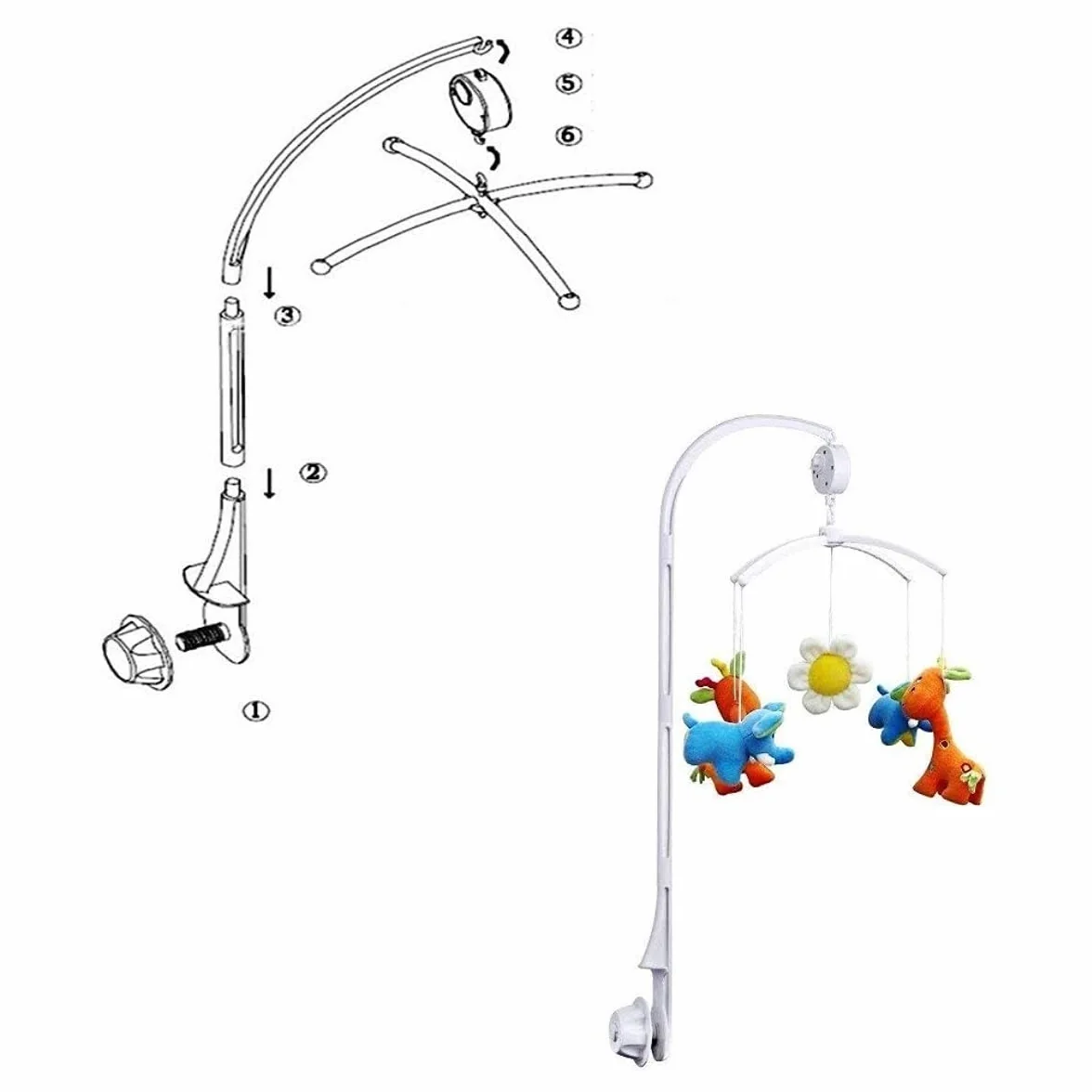 Mobile musical pour bébé avec boîte à musique remontable et jouets rotatifs, convient aux barreaux jusqu'à 5 cm