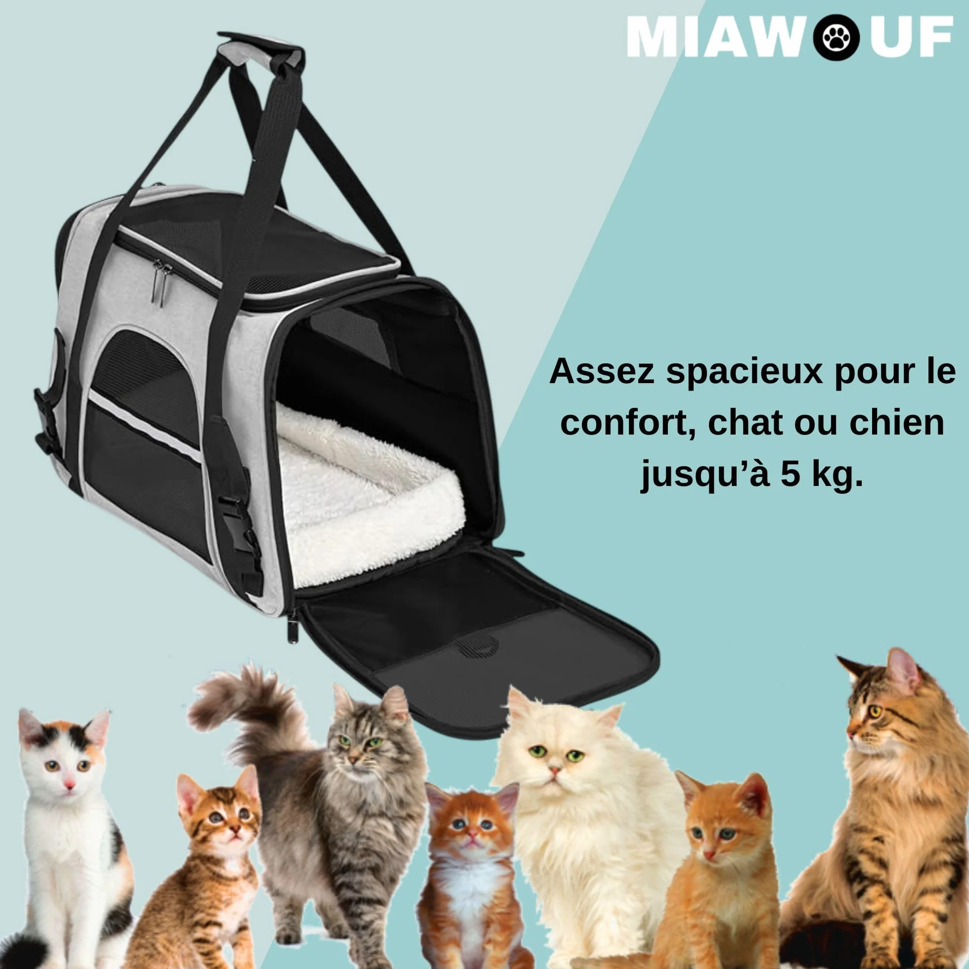 Miawouf Sac Transport Chat Caisse avec Bandoulière Réglable Matelas Confortable 45cm 28cm 25cm Small-Medium 5KG