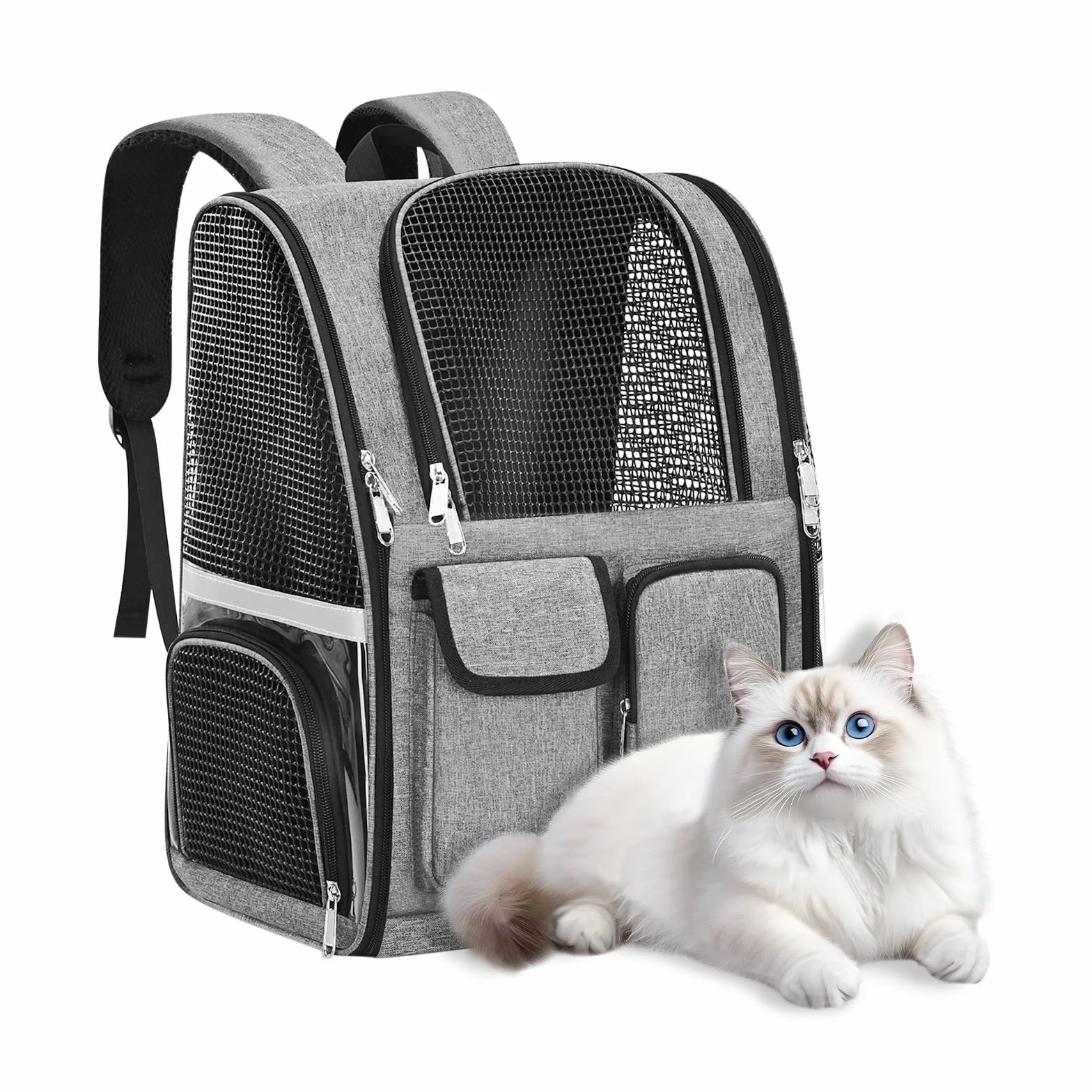 Sac à Dos pour Chat Respirant Grande Capacité Bandes Réfléchissantes Bretelles Confortables