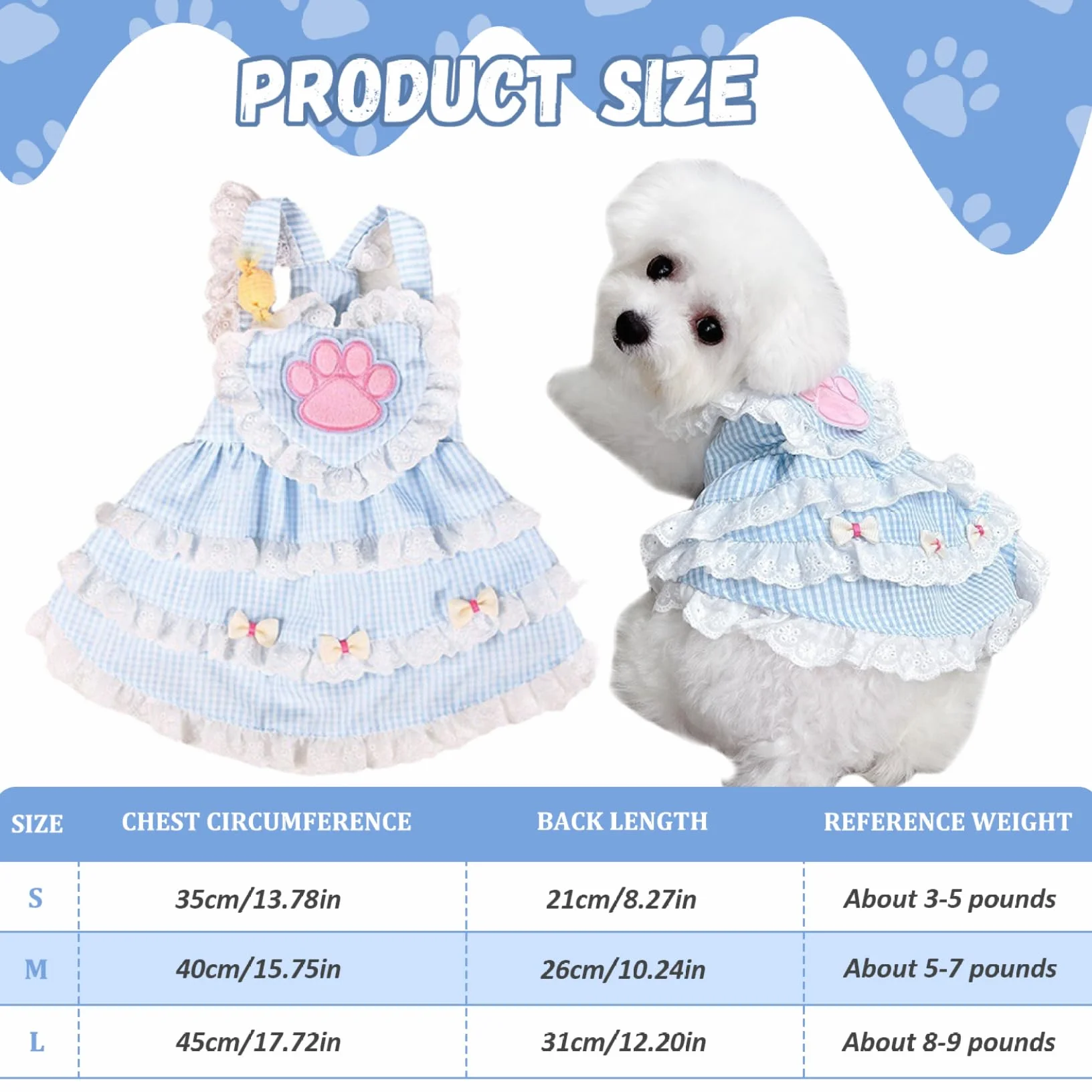 Robe de Princesse pour Chien avec Motif de Patte, Bordure en Dentelle, Jupe Douce