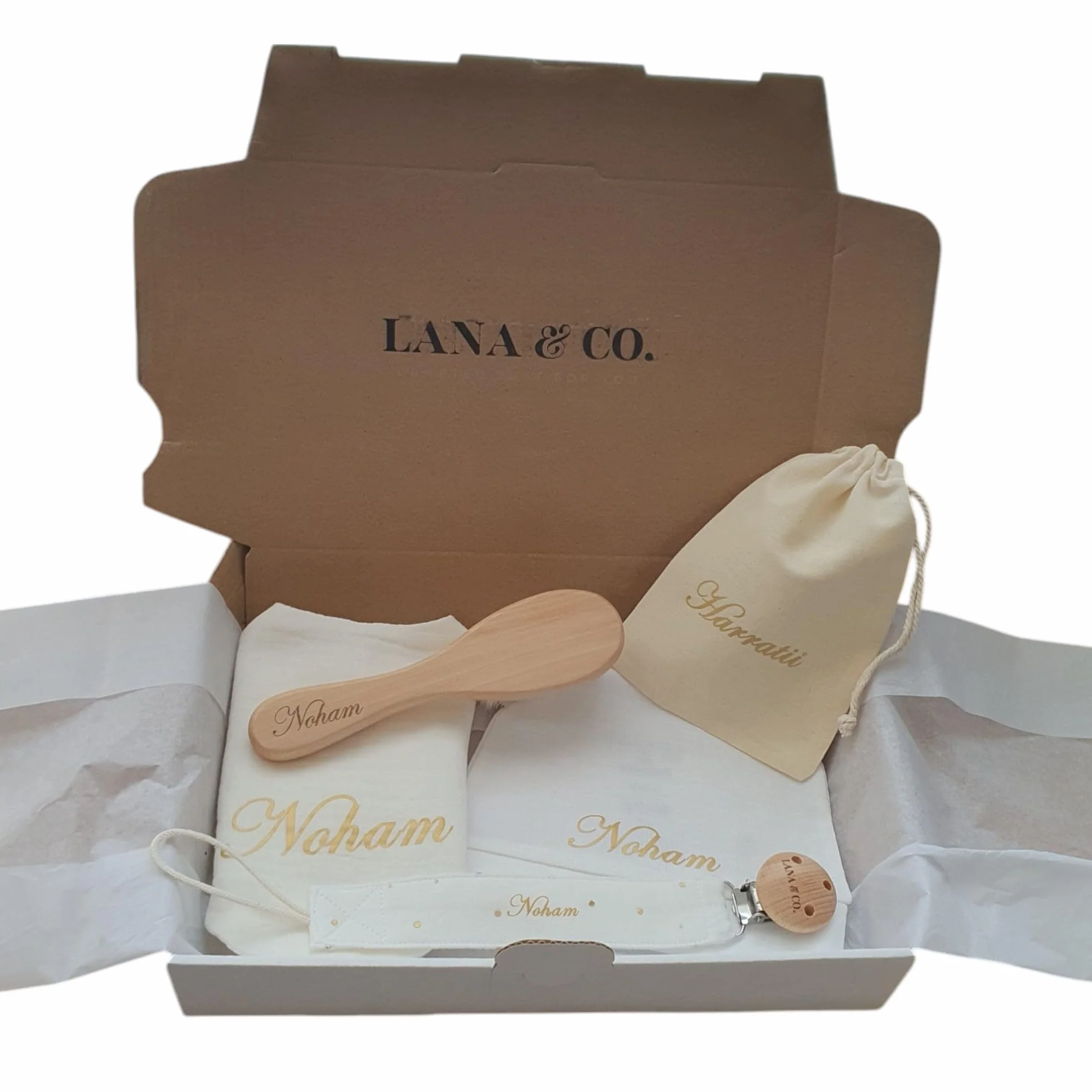 Coffret Naissance Bébé Mixte Personnalisable Kit Nouveau-né Blanc Coton 10x15cm Attache Tétine Bavoir Bonnet Brosse Poils Naturels