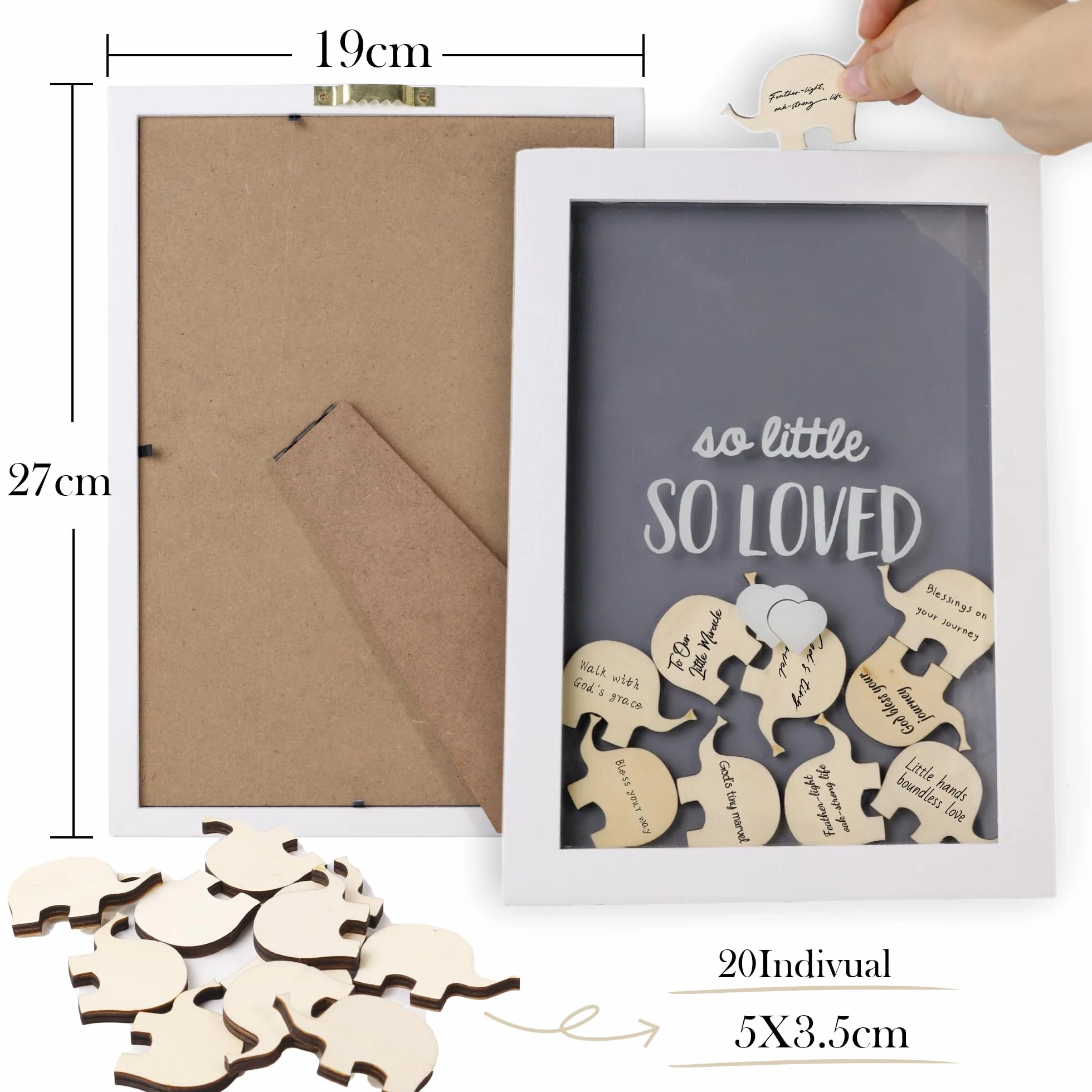 Cadre Photo en Bois et Acrylique Livre d'or Éléphant Bébé pour Baptême Baby Shower Naissance 19 x 27 cm