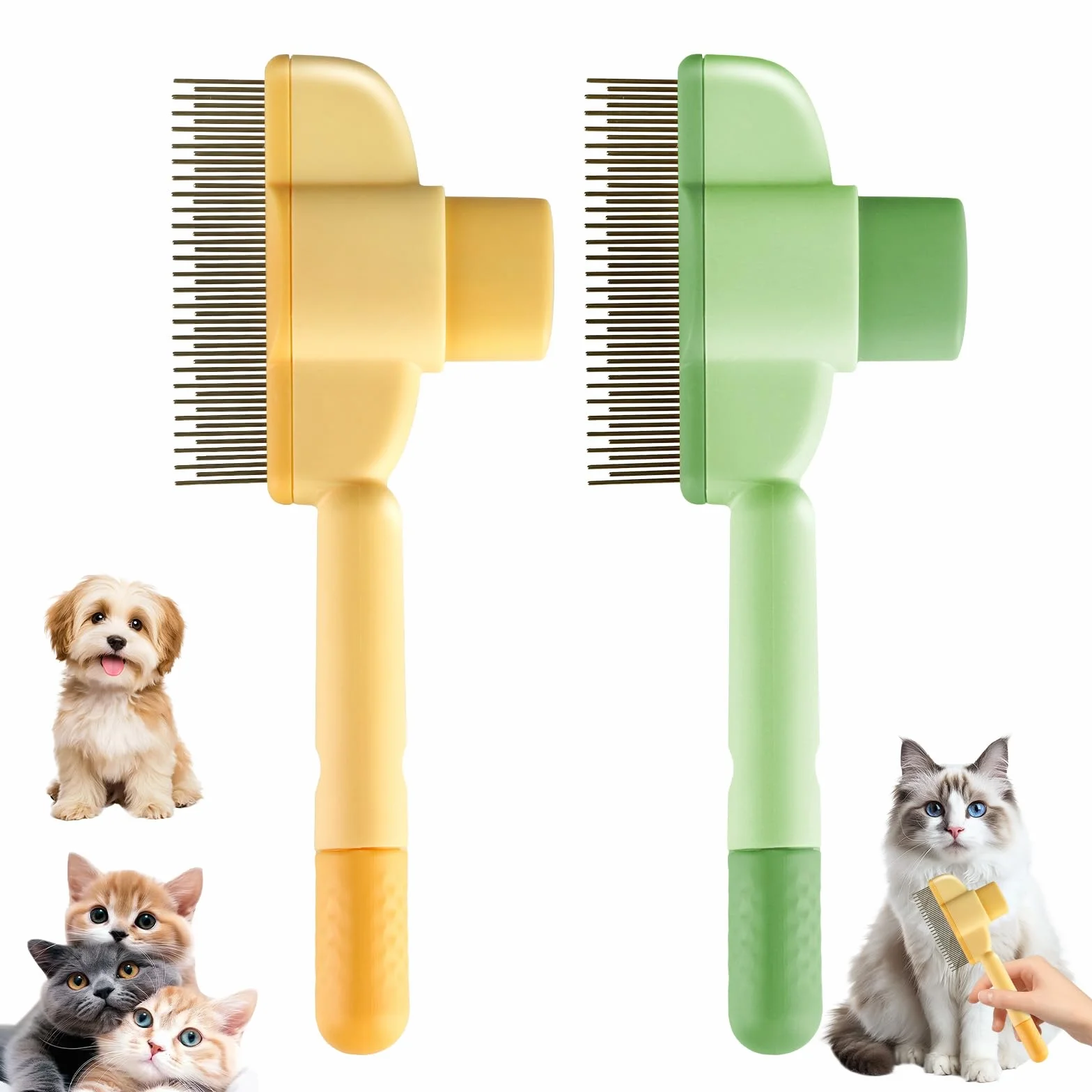 Peigne de Toilettage pour Chat avec Bouton D'épilation, Anti Puces, Brosse pour Chat, Nettoyage Rapide des Poils, Vert et Jaune