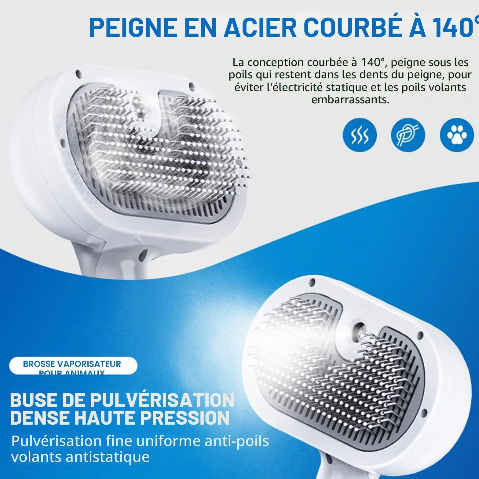 Brosse Chat à Vapeur 3 en 1 avec Chargeur USB C – Brosse de Toilettage et Massage pour Chats à Poils Courts et Longs