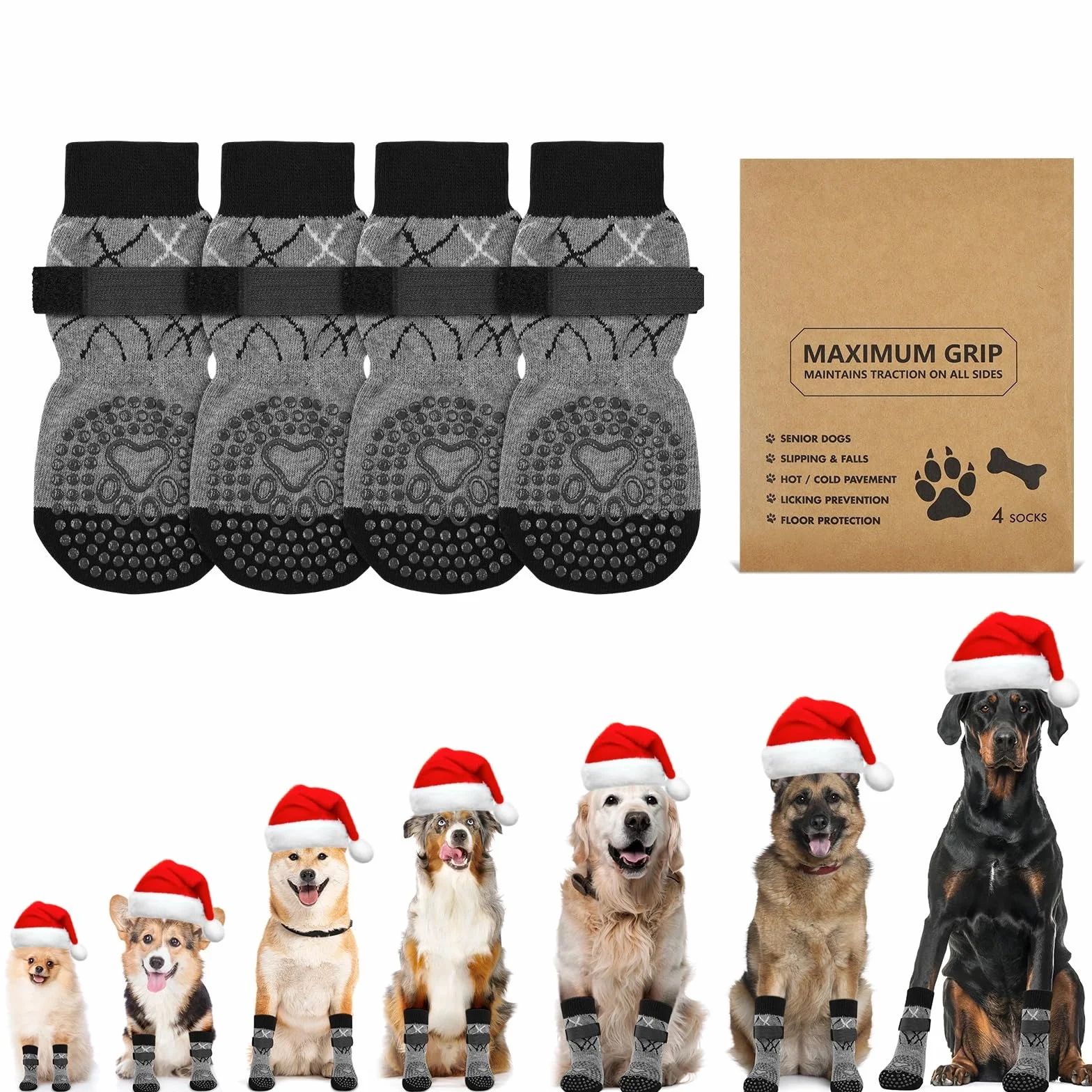 Chaussettes Antidérapantes pour Chien 2 Paires Réglables Protège-Pattes Double Face XS